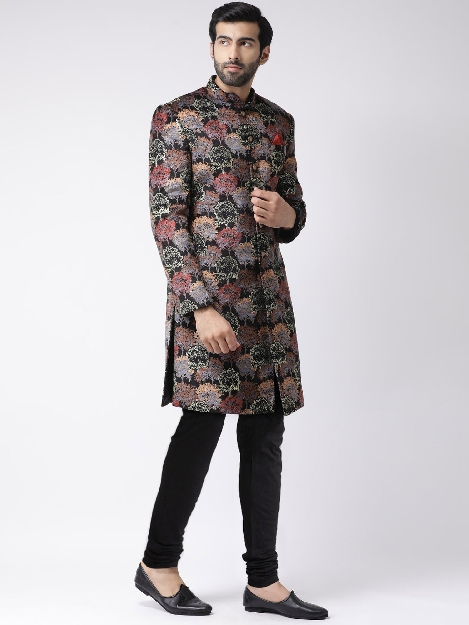 Kisah Black Regular Fit Printed Sherwani Jacket