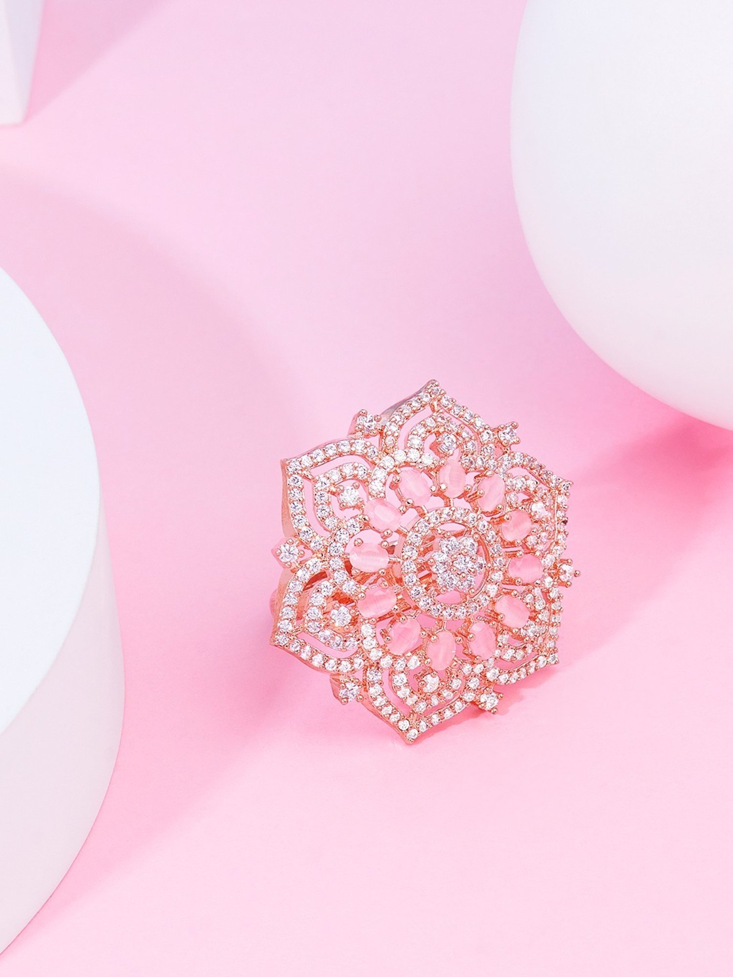 Zaveri Pearls Pink Cubic Zirconia Party Bling Statement Brass Adjustable Finger Ring-ZPFK16114