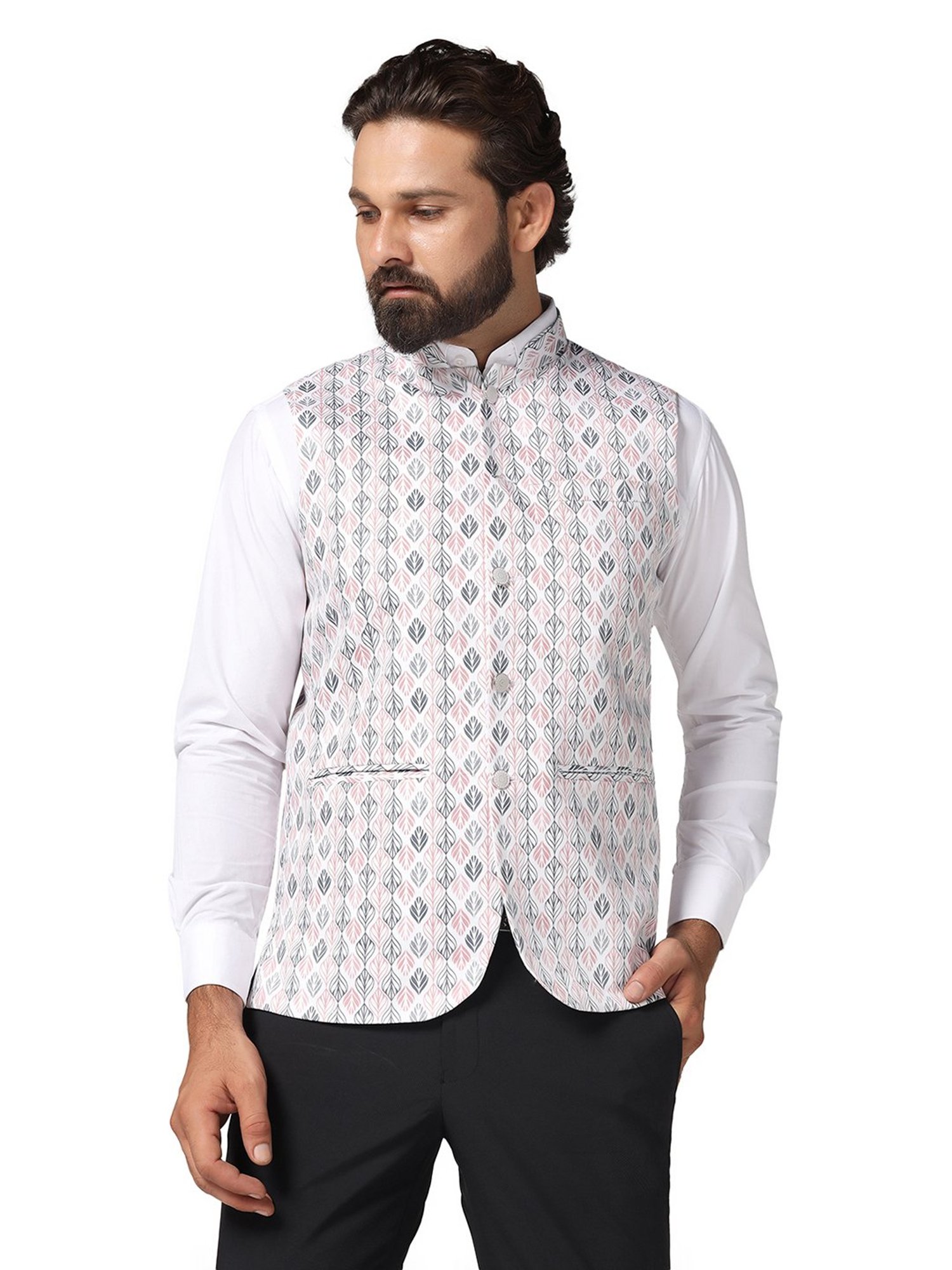 TAHVO Pink Slim Fit Printed Nehru Jacket