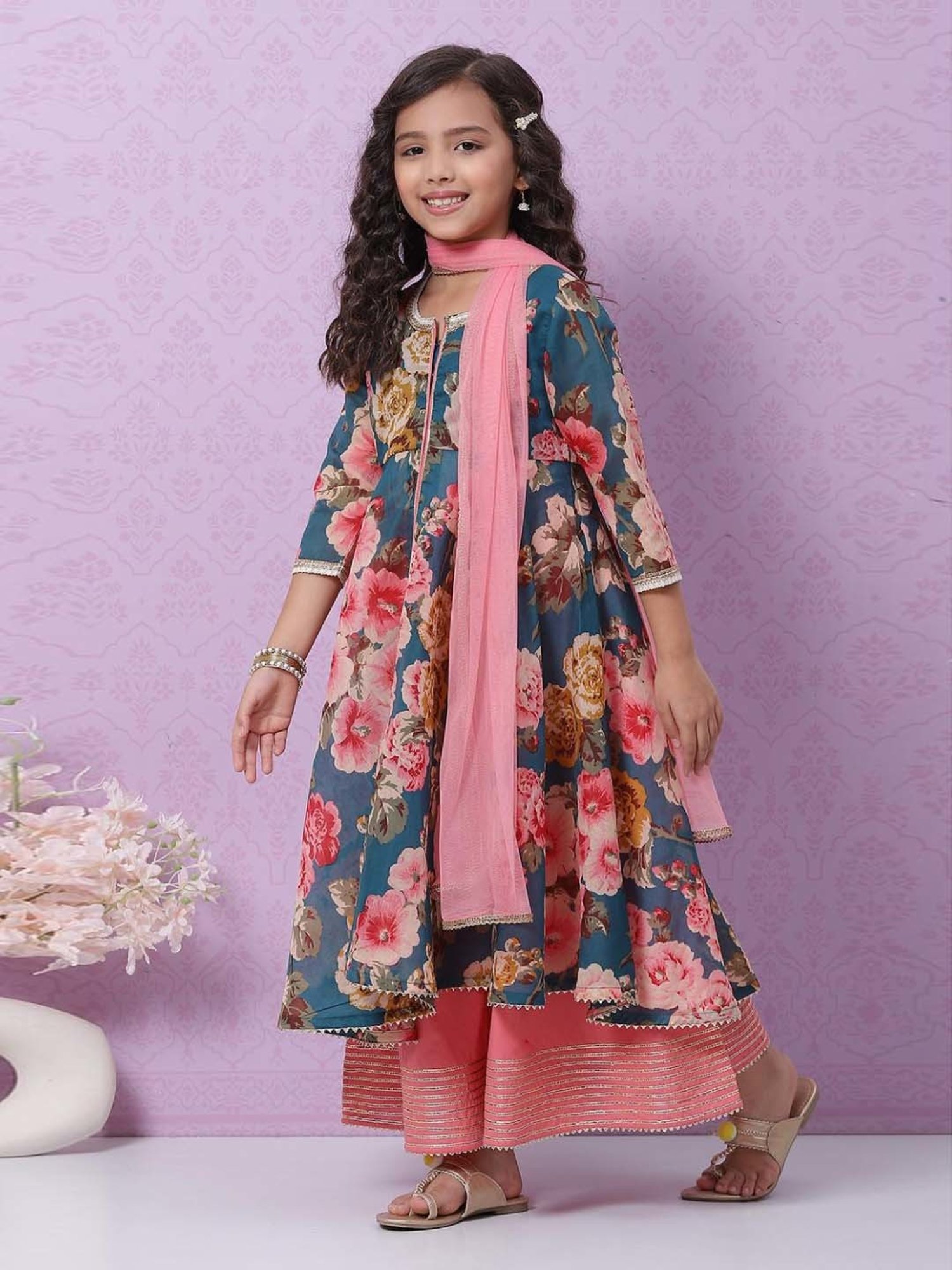 Biba Kids Blue & Pink Cotton Printed Kurta Set