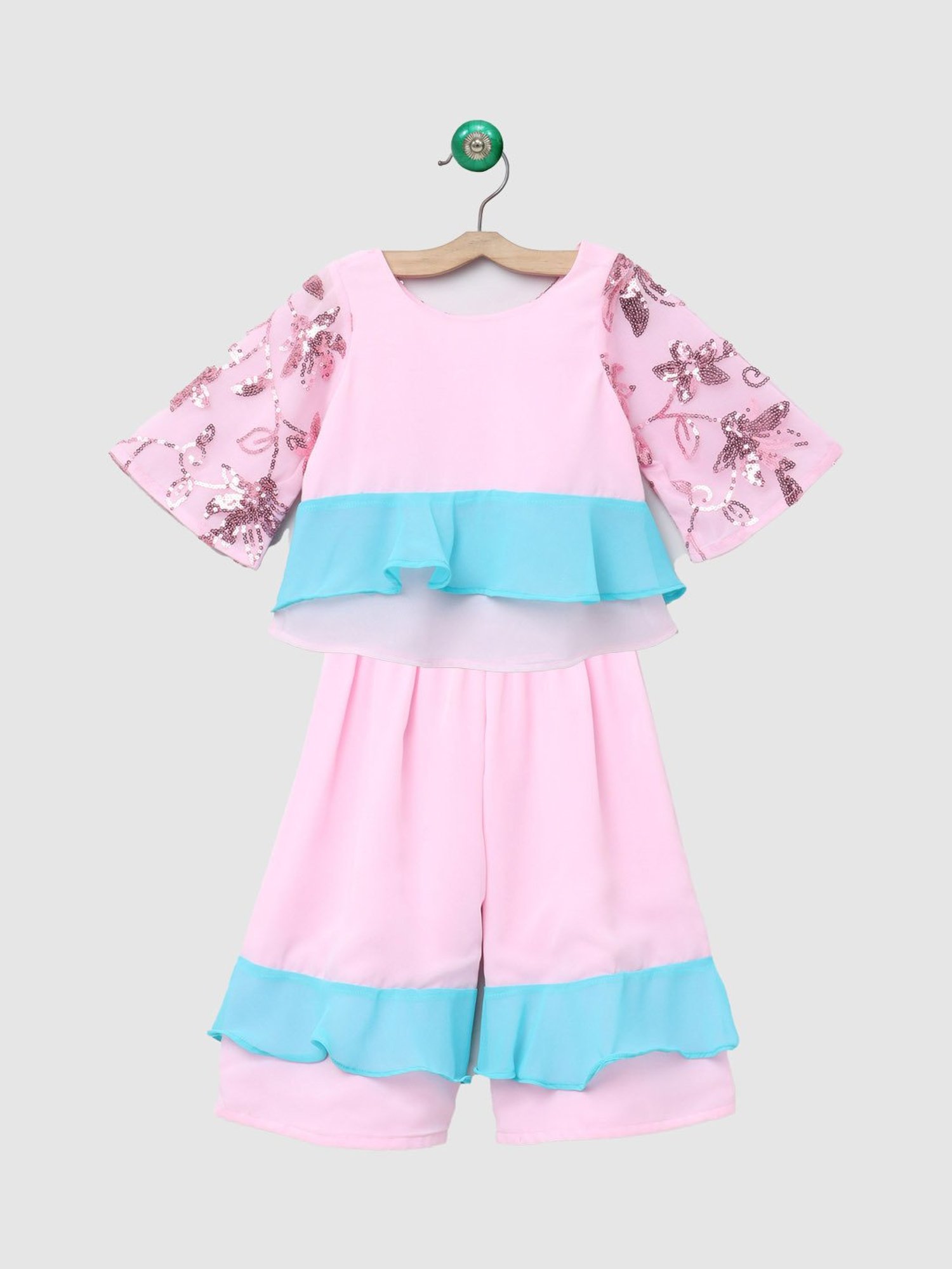 Many Frocks Kids Pink & Blue Embellished Top with Plazzo