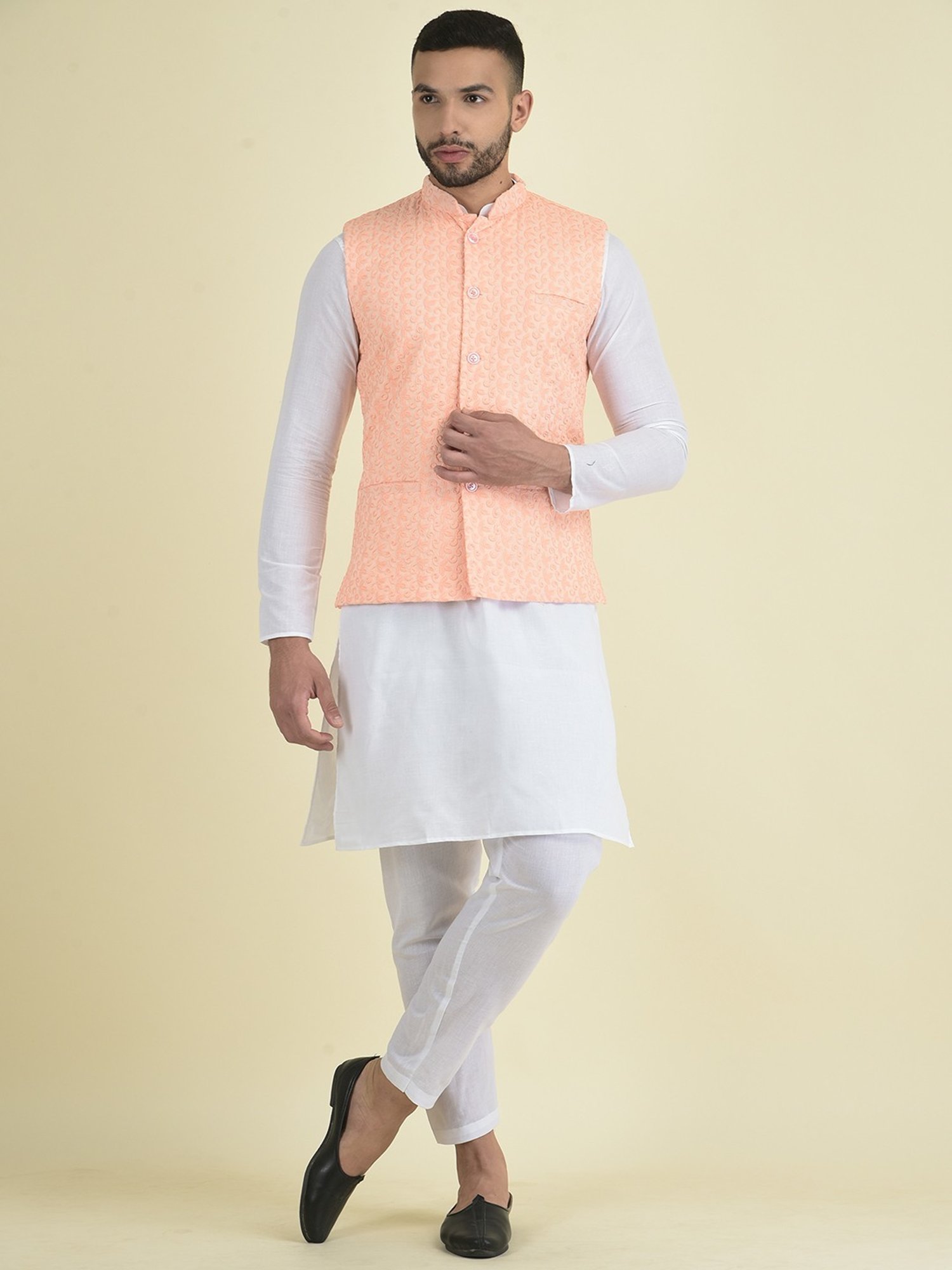 Deyann Peach & White Cotton Regular Fit Embroidered Kurta Set With Jacket