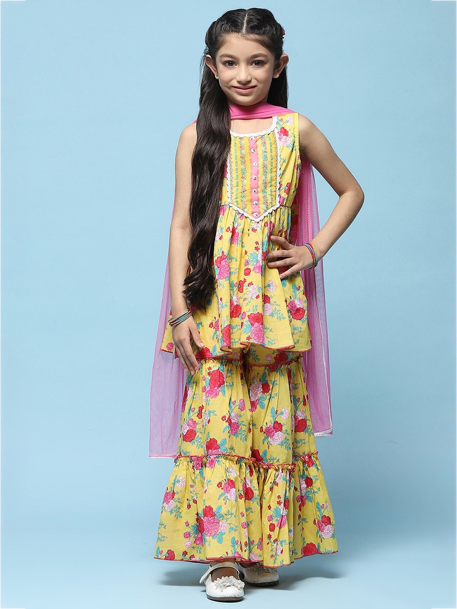 BIBA Girls Yellow & Pink Printed Kurta, Sharara with Dupatta