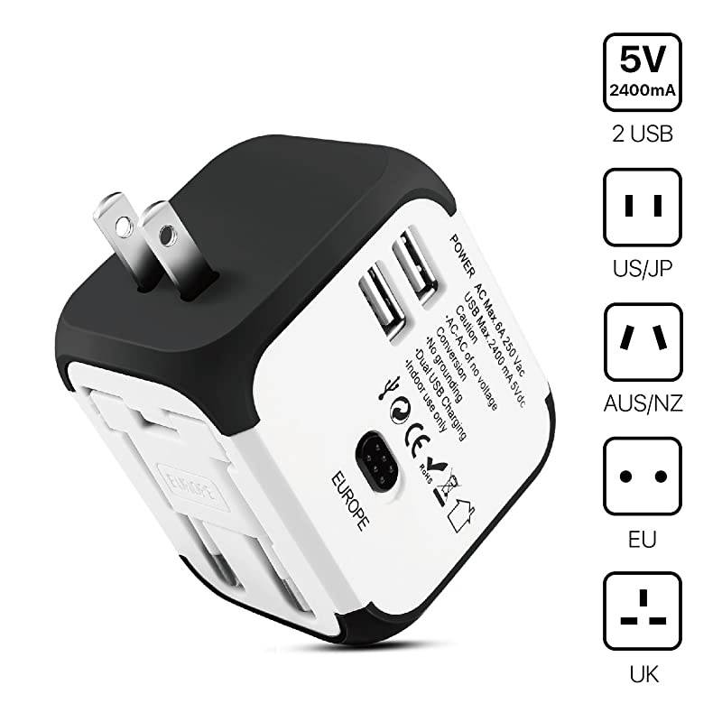 International Universal Power Adapter Converter with 2 USB Charging Ports All in One Travel Worldwide Plug Builtin Spare Fuse AC Socket Wall Outlet for US EU UK AU CN 150 Countries White