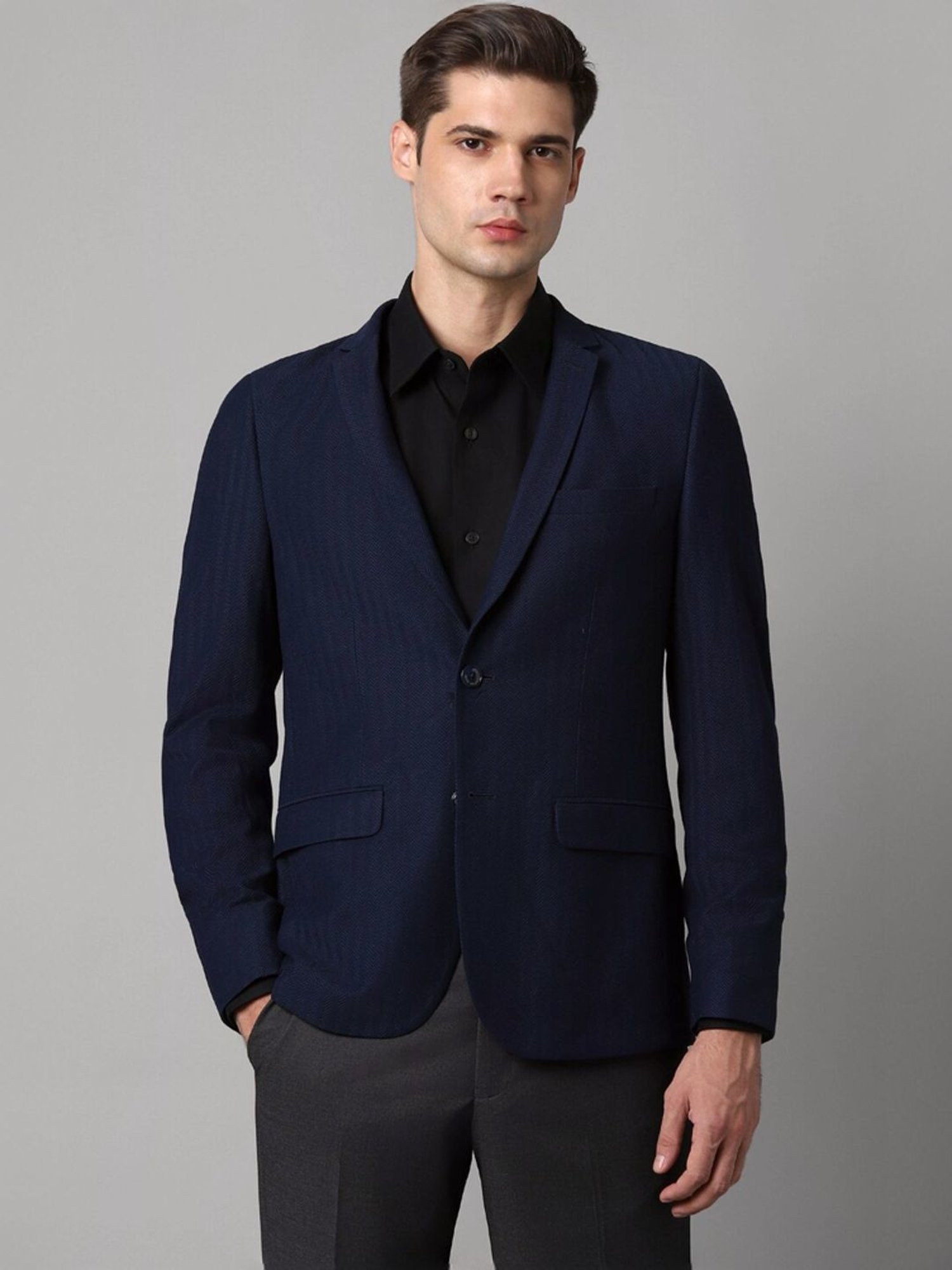 Louis Philippe Navy Cotton Slim Fit Texture Blazer