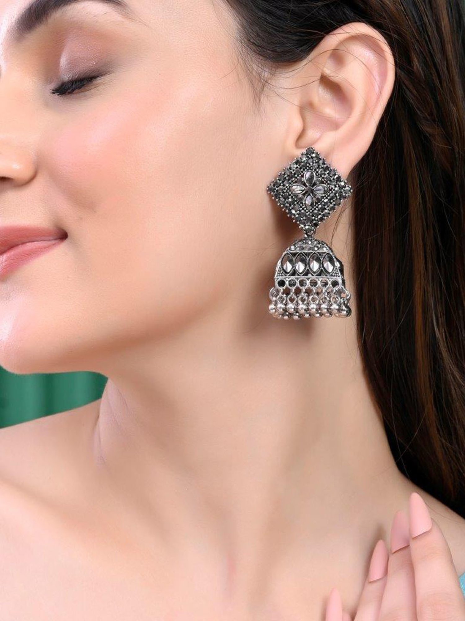 VOJ Black-Toned AD Studded Dome Shaped Jhumkas Earrings for Women