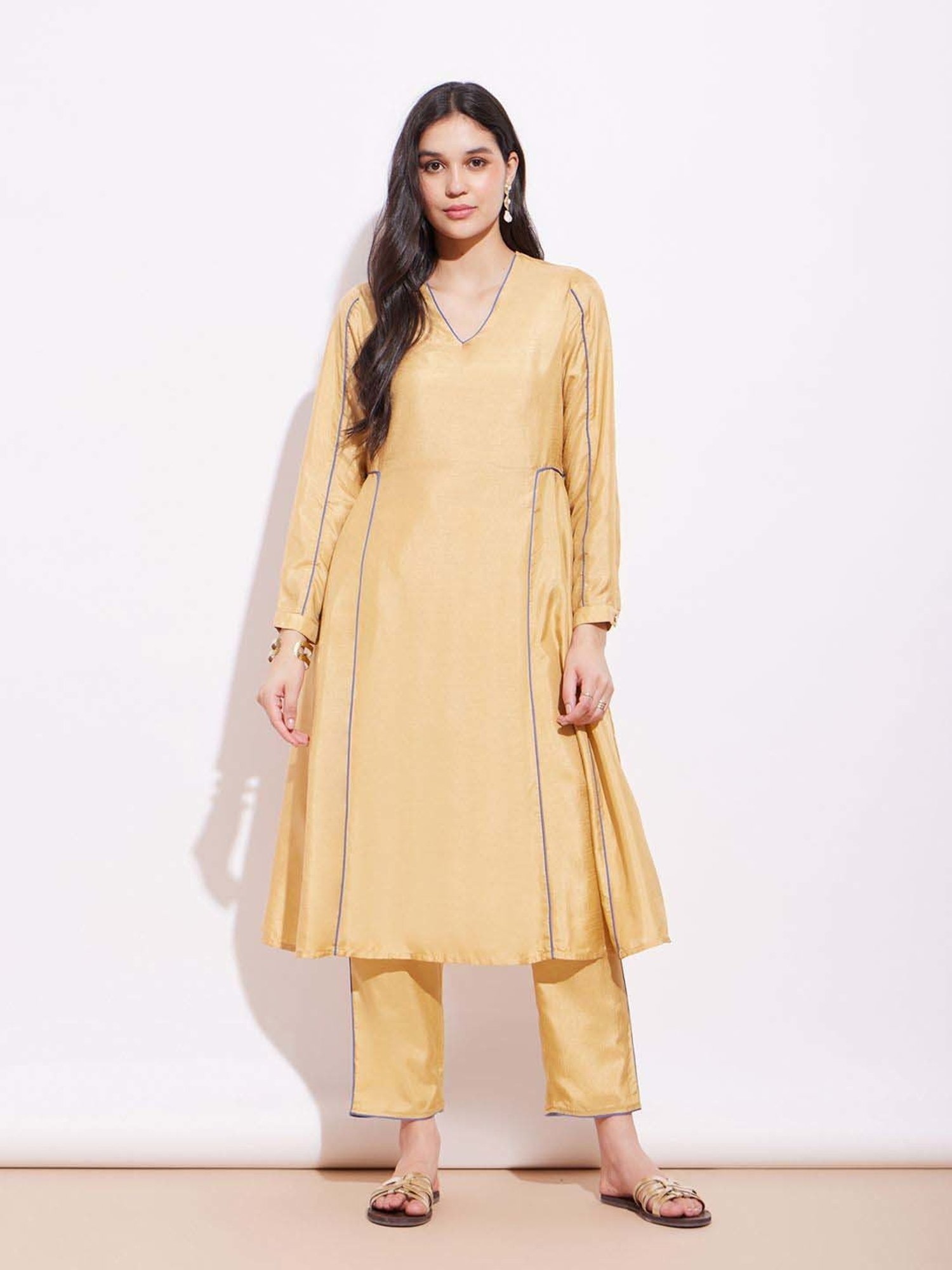 Pink Fort Beige Plain Kurta Pant Set