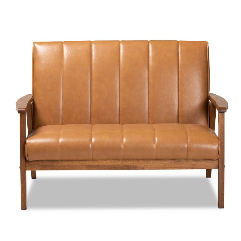 Nikko Mid-Century Faux Leather Upholstered Wood Loveseat Walnut/Brown - Baxton Studio