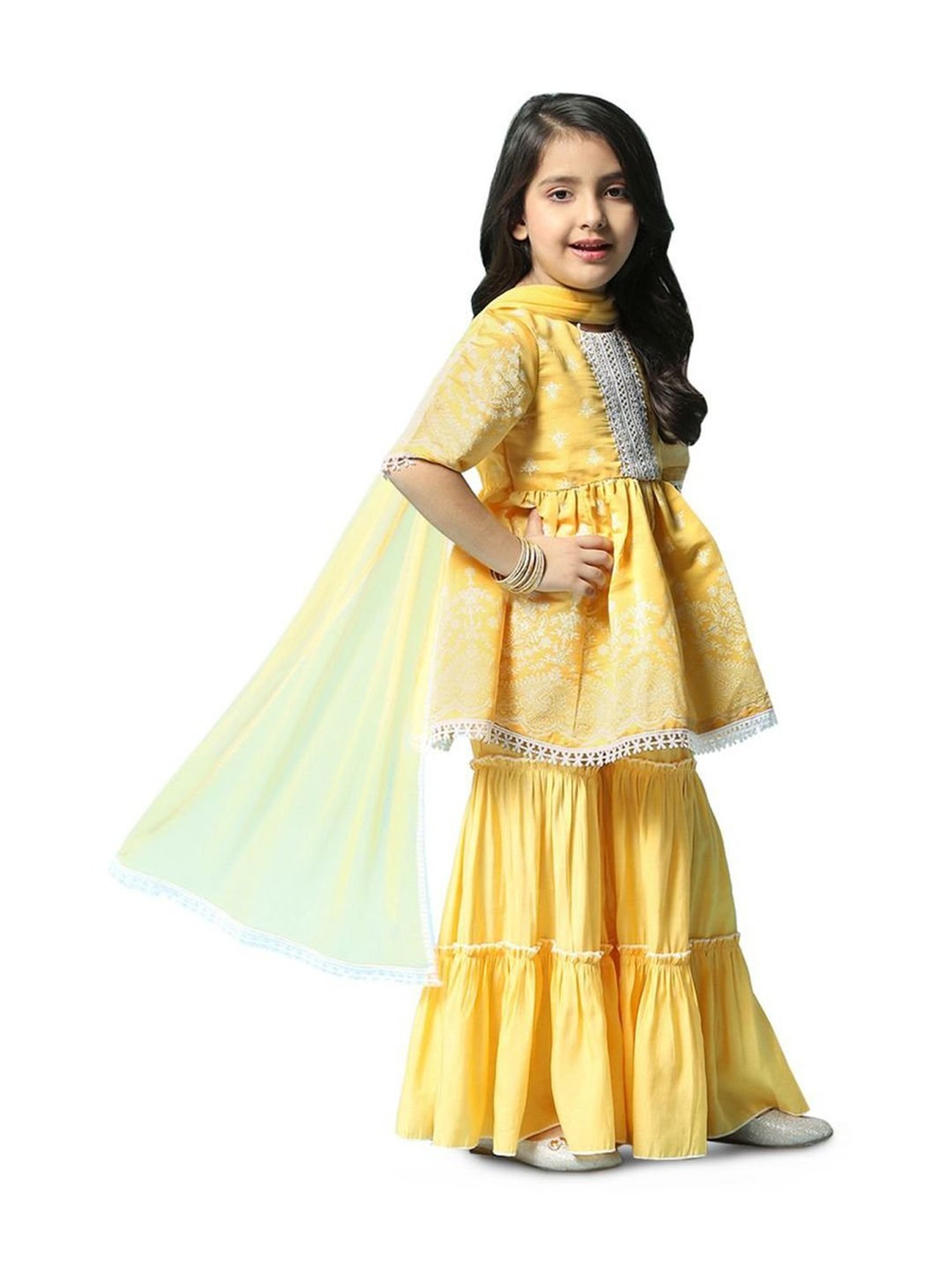 Biba Girls Yellow & White Embroidered Kurta Set