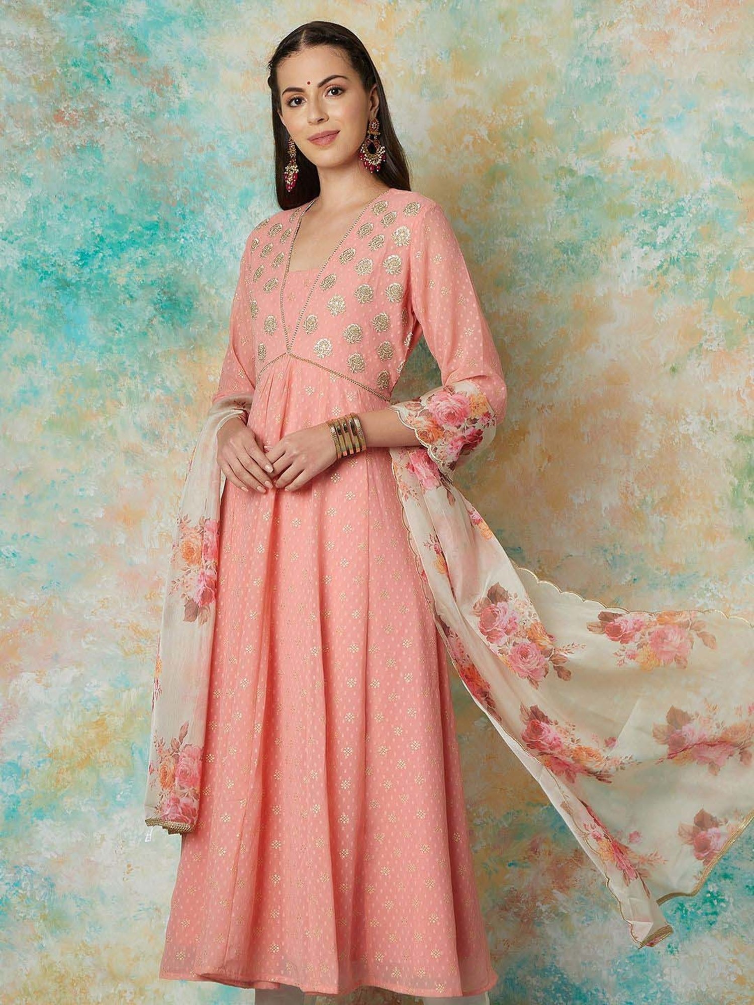 Melange by Lifestyle Peach Embroidered Kurta & Pant Set With Dupatta
