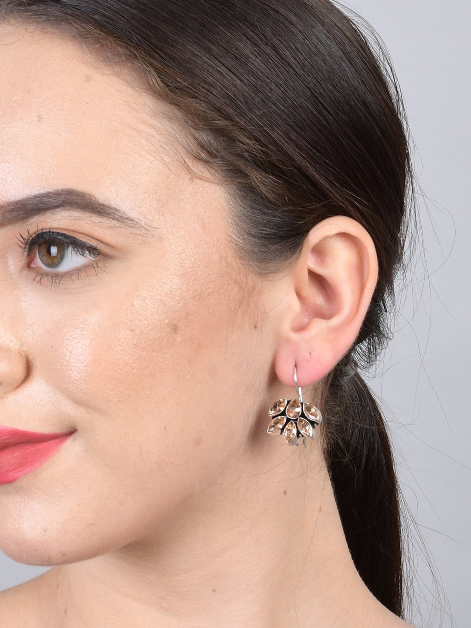 Imli Street Orange Silver Tone Stone-Studded Handcrafted Drop Earrings