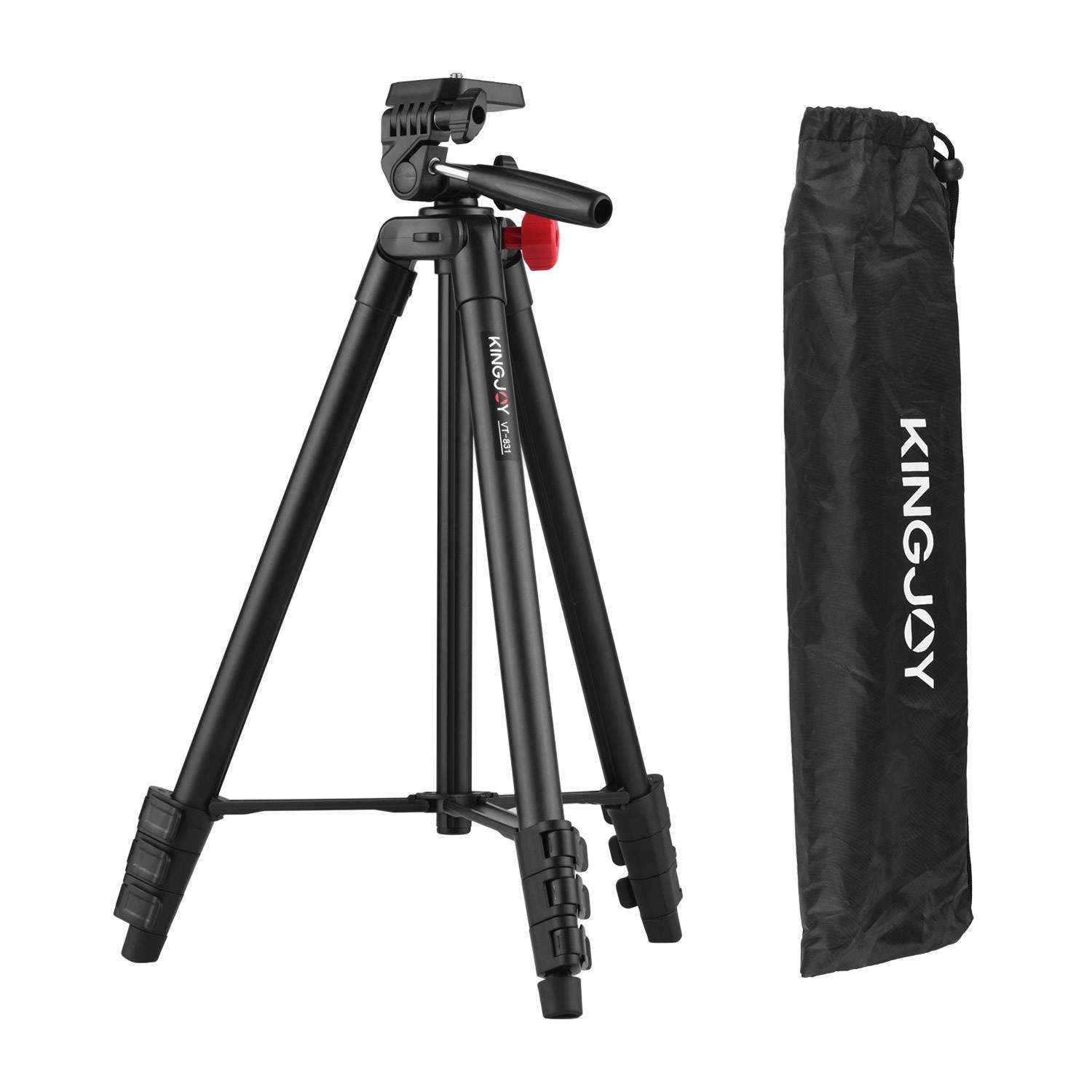KINGJOY VT-831 Portable Lightweight Photography Tripod Stand Aluminum Alloy 1/4 Inch Screw Connector 2kg Load Capacity Max. Height 135cm with Carry Bag Black