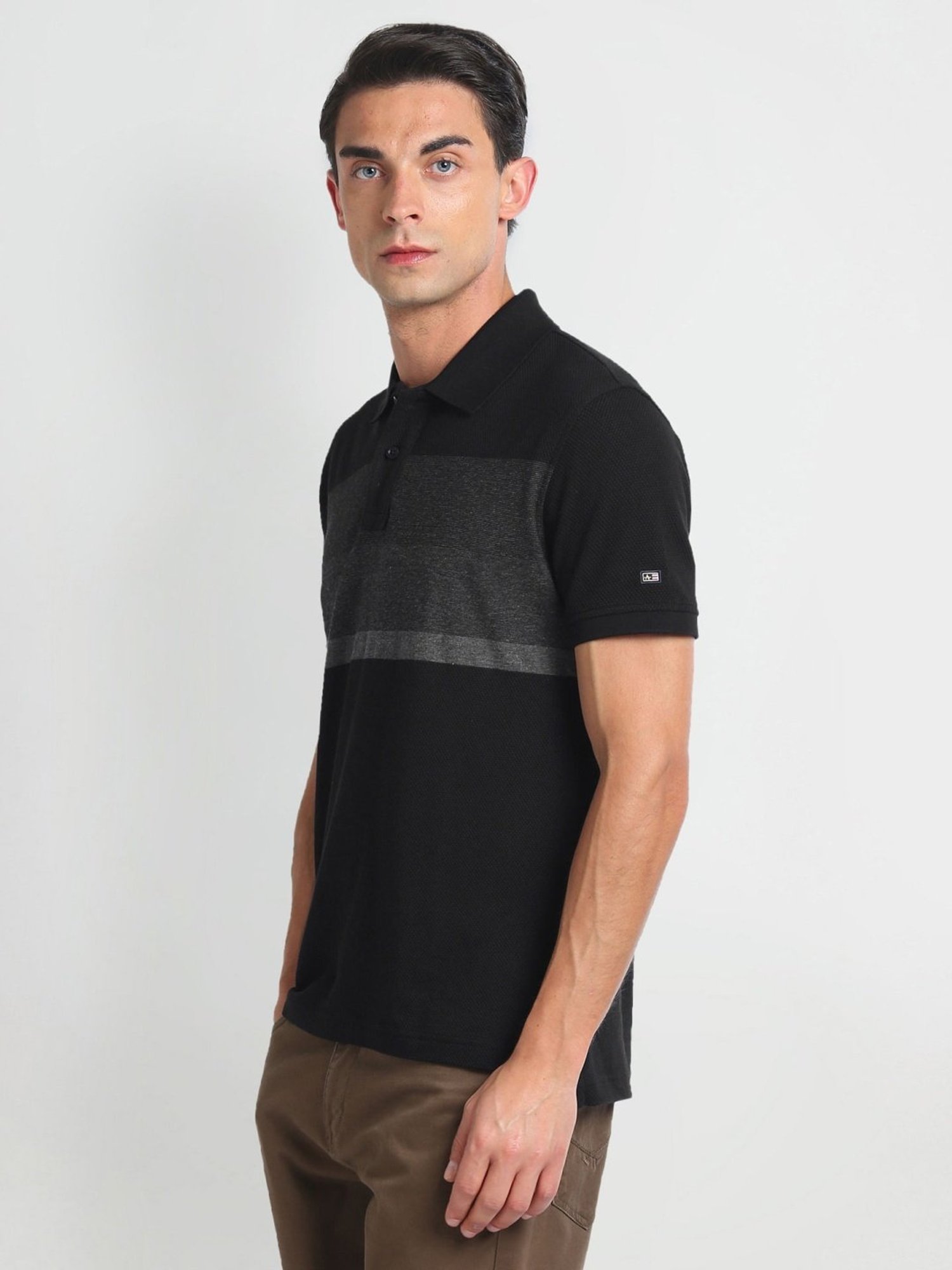 Arrow Sports Black Cotton Regular Fit Colour Block Polo T-Shirt