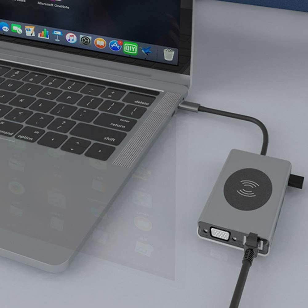 Direct Aluminum Alloy USB Type C to USB3.0 VGA RJ45, 10W Wireless Charger Hub Adapter for Laptop Notebook Smartphones