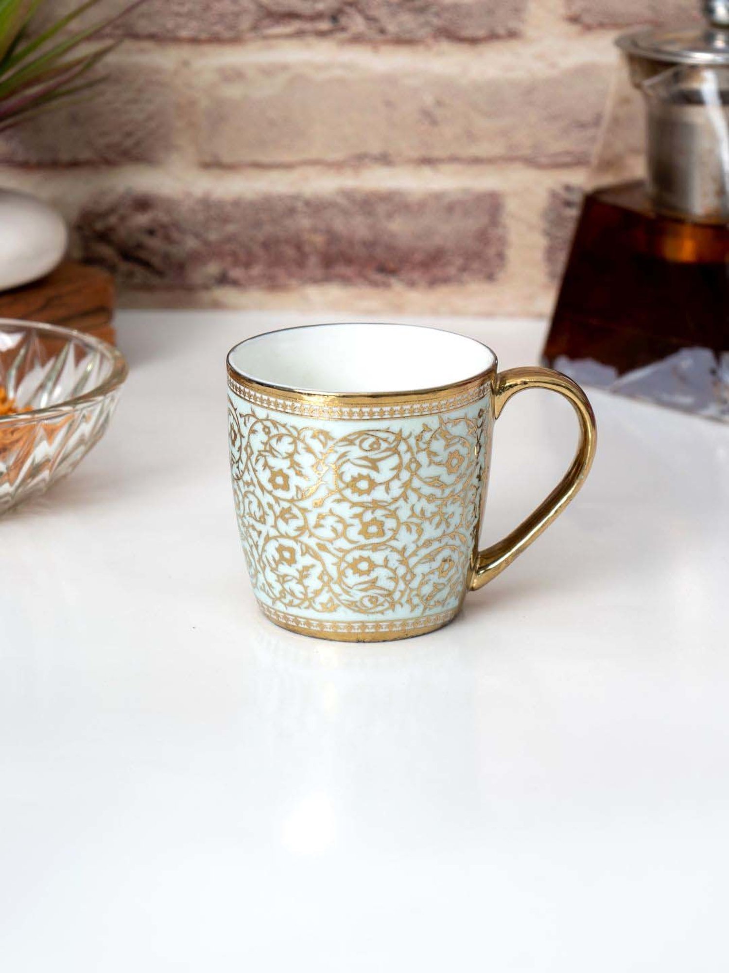 Clay Craft Green & Golden Ceramic Cups (0.18 L) - Set of 6