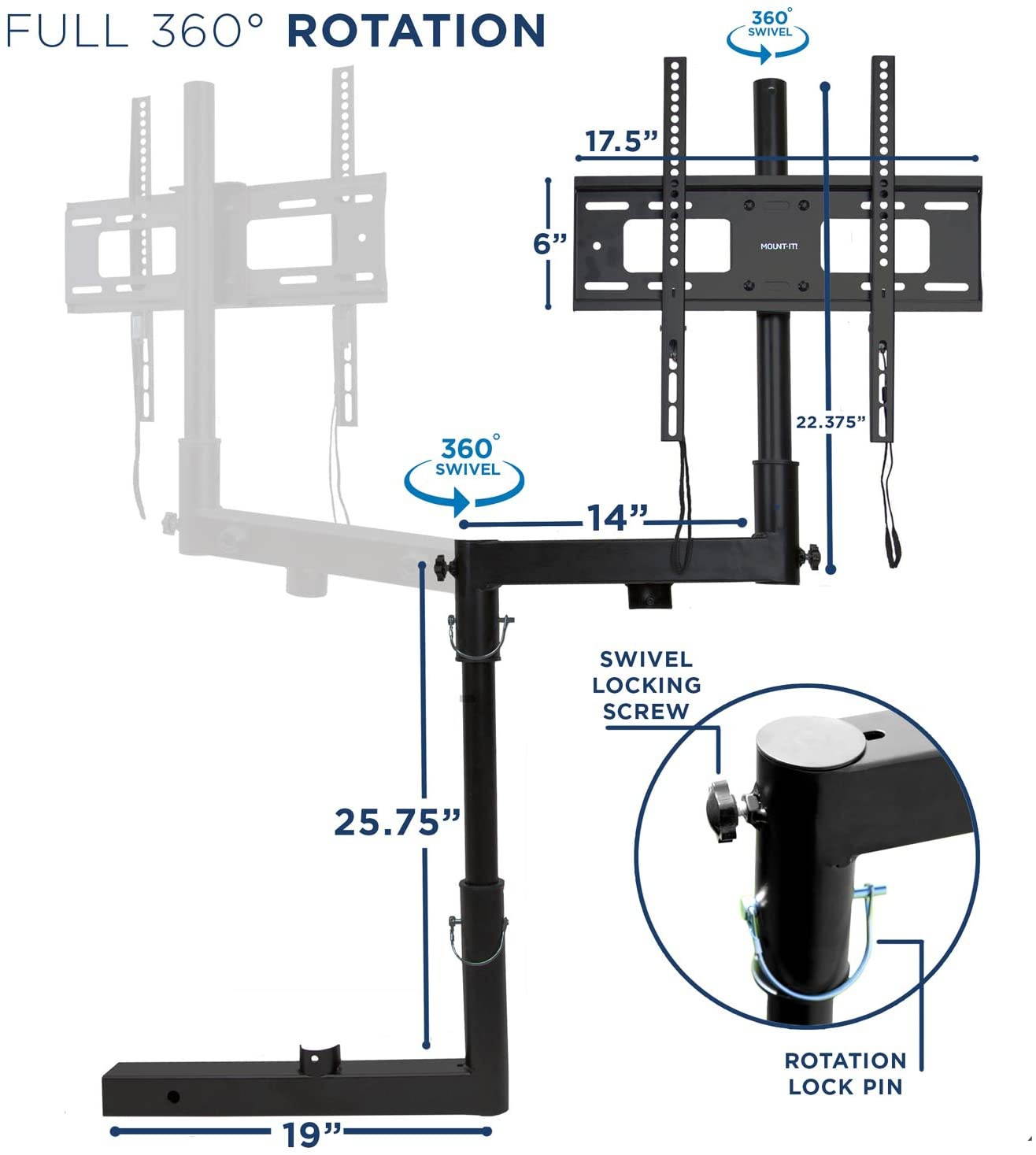 Mount-It! Tailgate TV Mount | Full Motion Tailgate TV Stand for 2 Inch Receiver Hitch | Height Adjustable, Swivel Motion Fits Up to 55 Inch TVs| Steel, Black