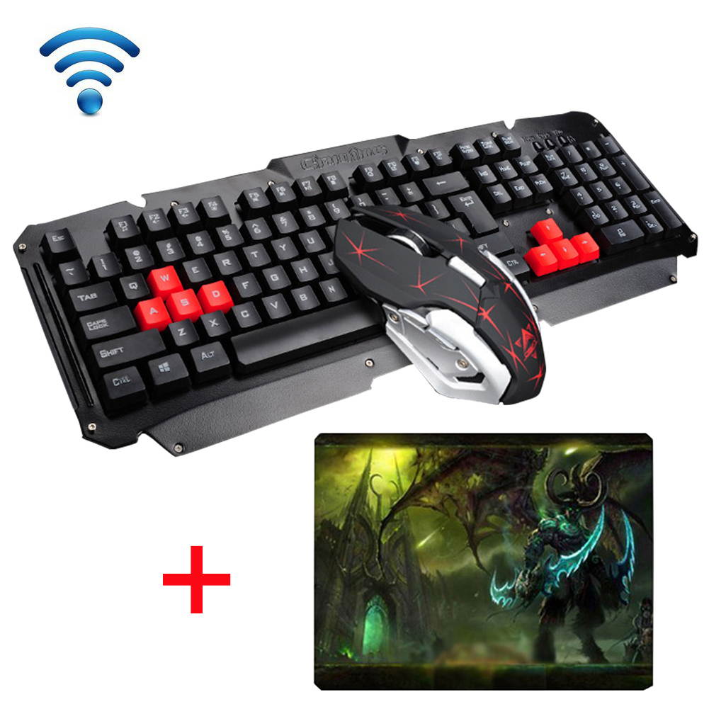 UrChoiceLtd&reg; 2017 HK1600 Gaming Keyboard & Mouse Combo Wireless Keyboards Multimedia Ergonomic Usb Smart Sleep Efficient Metal Waterproofing + 2.4GHz 6 Buttons Gaming Mouse + Mouse Pad Sets