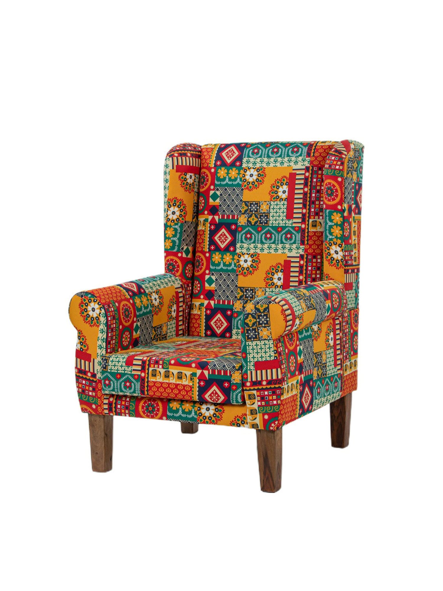 Chumbak Swirls Printed Red Sheesham Wood Begum Wing Chair