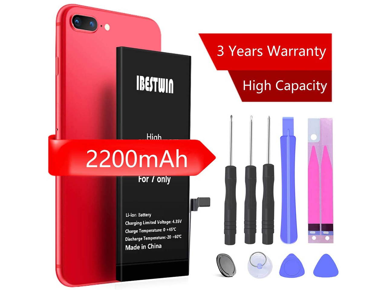Battery for iPhone 7 IBESTWIN High Capacity 2200mAh Replacement Battery for IP 7 with Full Remove Tool Kit Adhesive and Instruction-3 Years Warranty