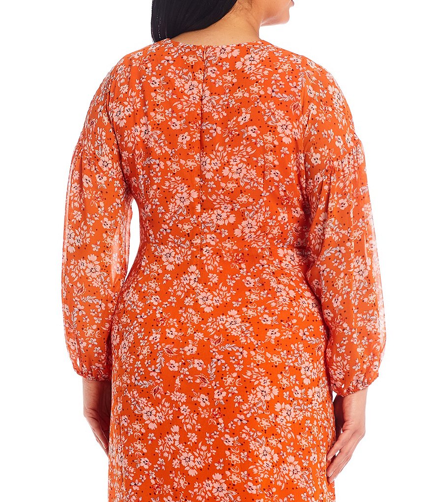 London Times Plus Size V-Neck Long Sleeve Wild Flowers High Low Midi Dress
