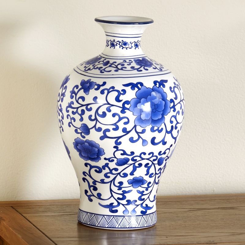 Lakeside Blue and White Ceramic Decorative Vase with Floral Aesthetic