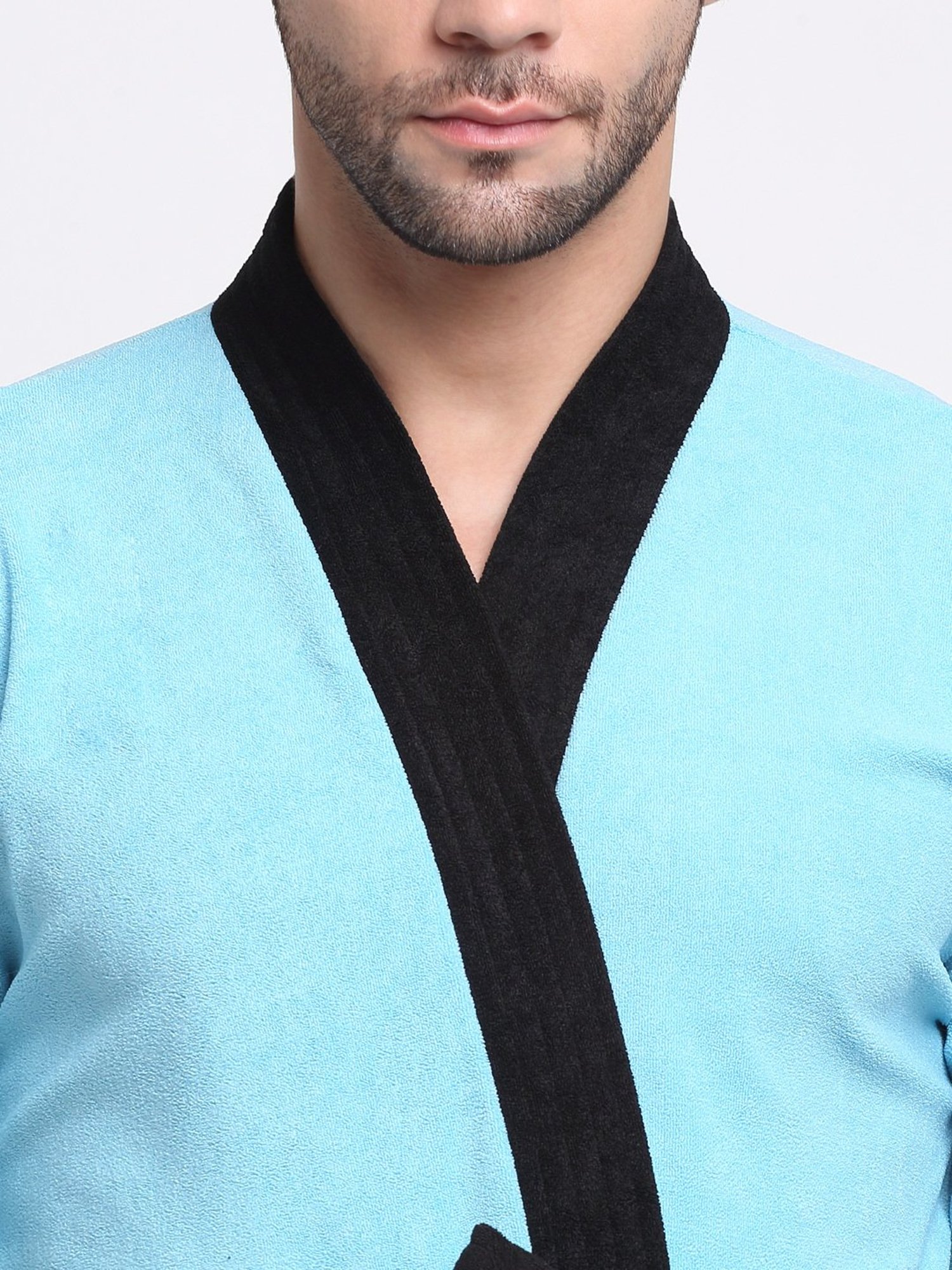 Creeva Everyday Ocean Blue & Black 225 GSM Micro Terry Bathrobe with Front Pocket & Kimono Collar