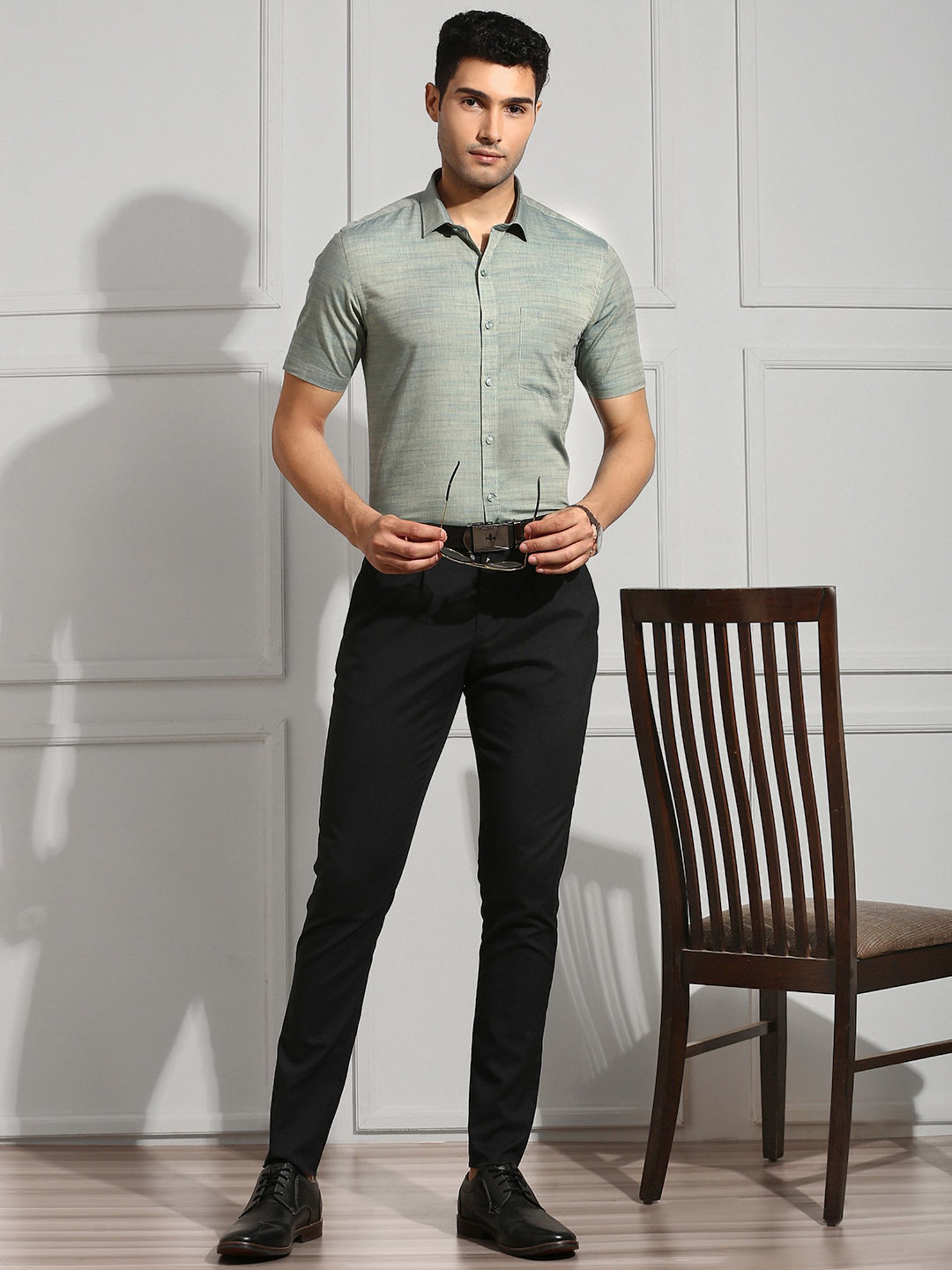 Ramraj Pale Green Regular Fit Textured Cotton Shirt