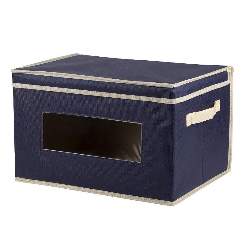 Juvale 3 Pack Collapsible Fabric Storage Bins Cubes, Decorative Foldable Boxes with Window & Lid - Navy Blue, Large, 16.25 x 12 x 10 Inches
