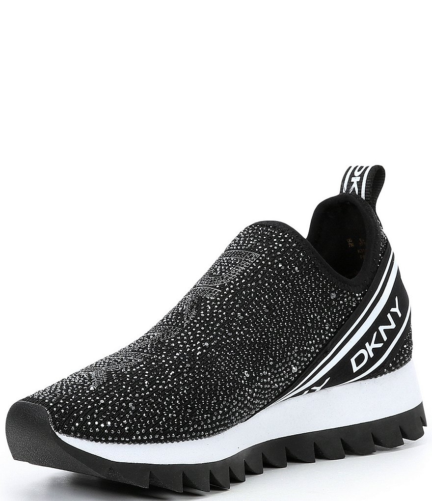 DKNY Annie Rhinestone Logo Knit Slip-On Wedge Sneakers