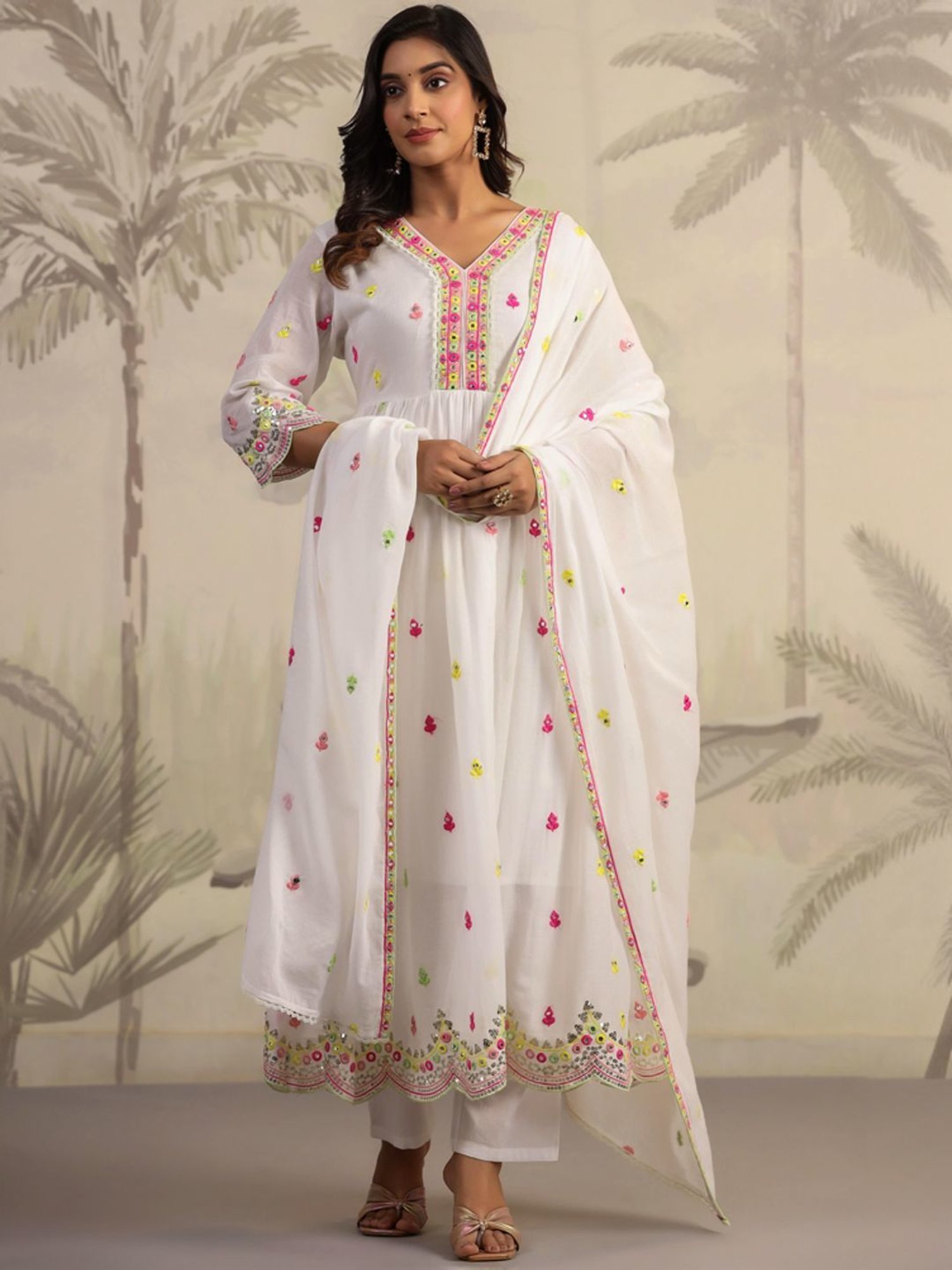 SCAKHI White Cotton Embroidered Kurta Pant Set With Dupatta