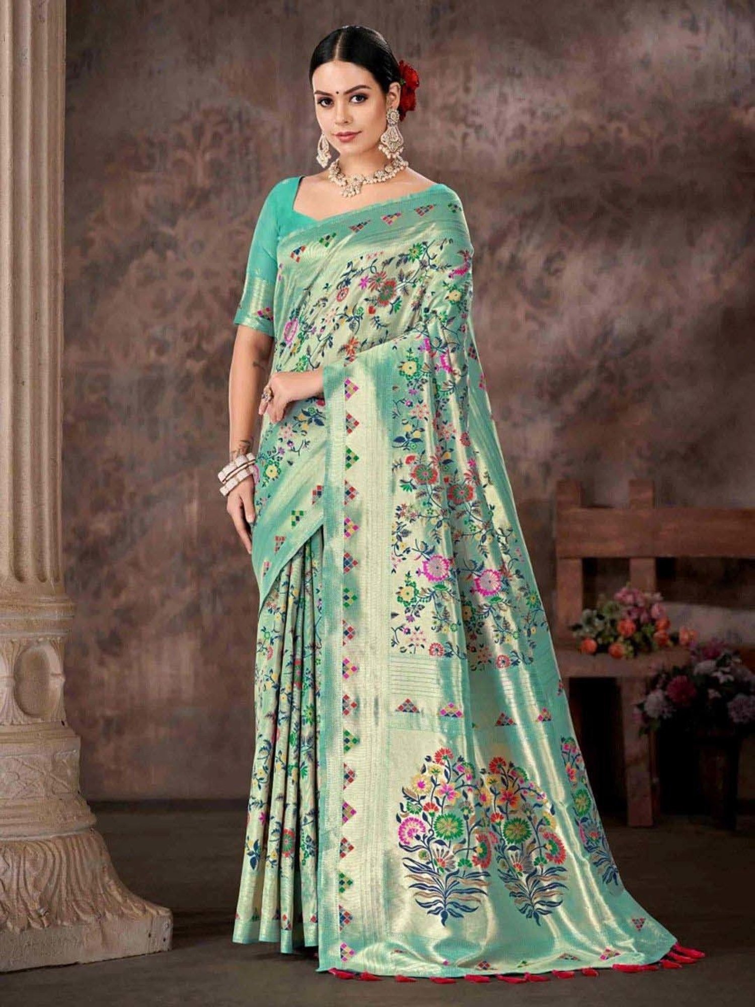 Silk Land Turquoise Embroidered Saree With Unstitched Blouse