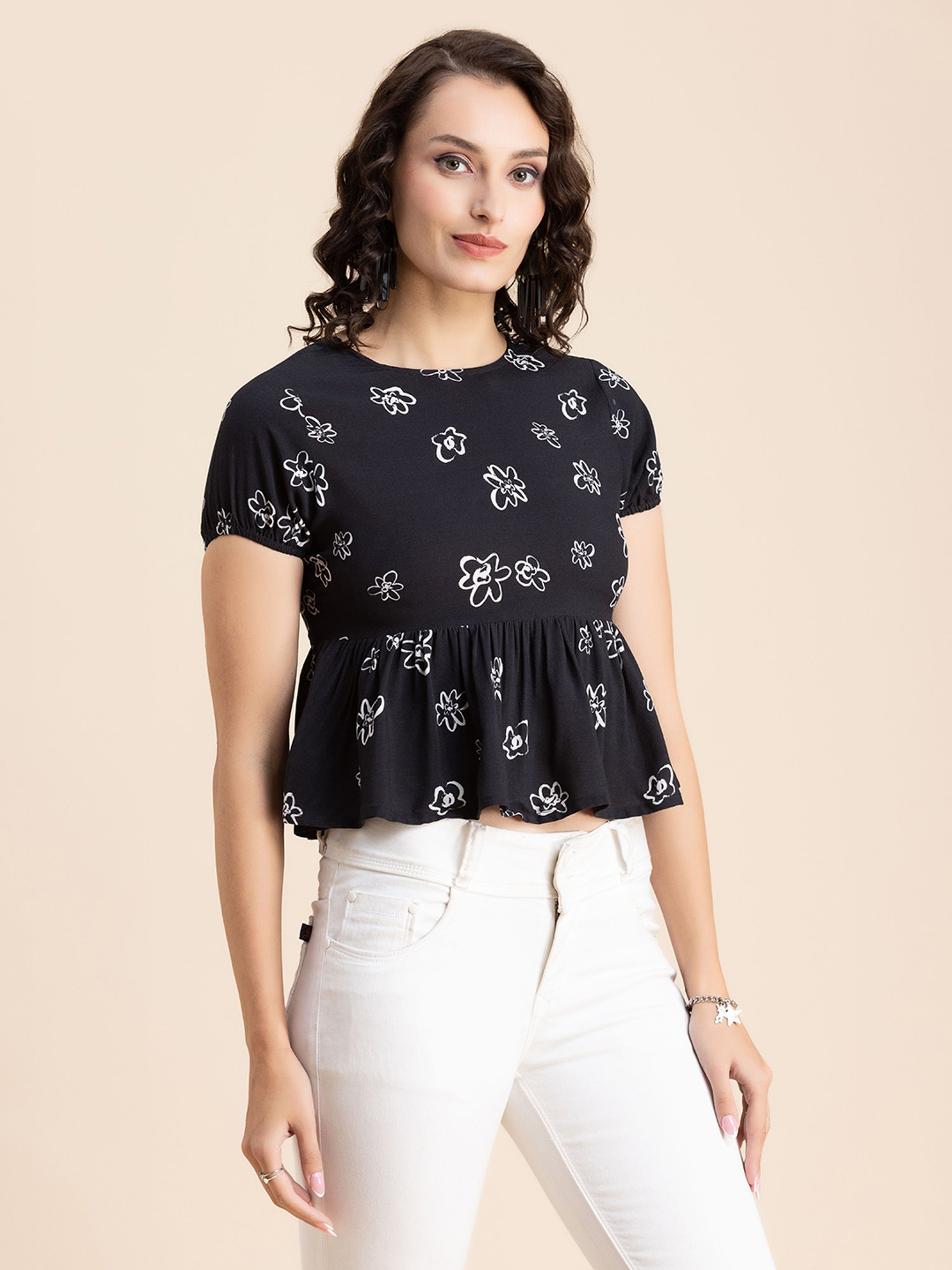 Moomaya Black & White Floral Print Crop Top