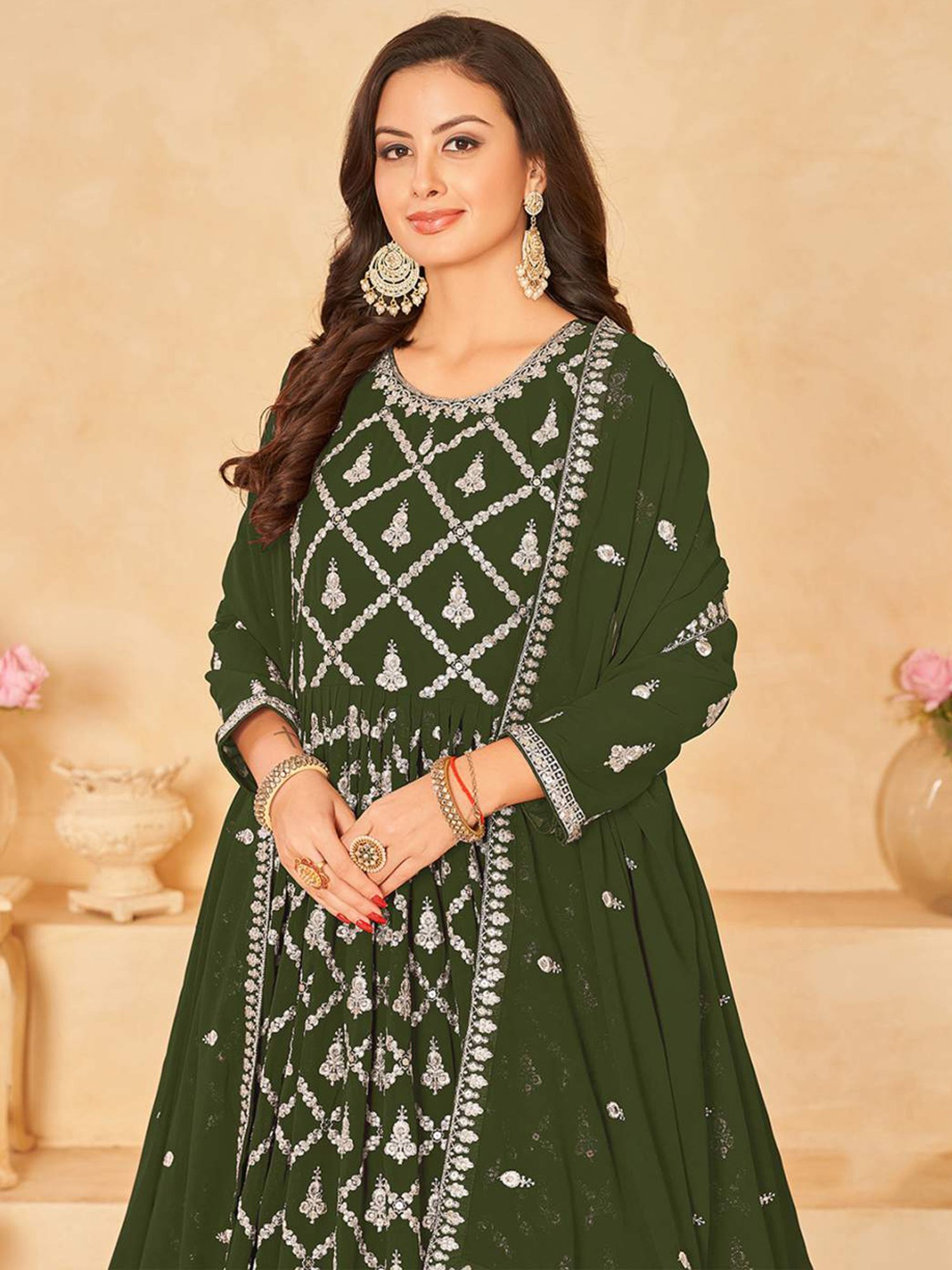 Odette Olive Green Embroidered Unstitched Dress Material