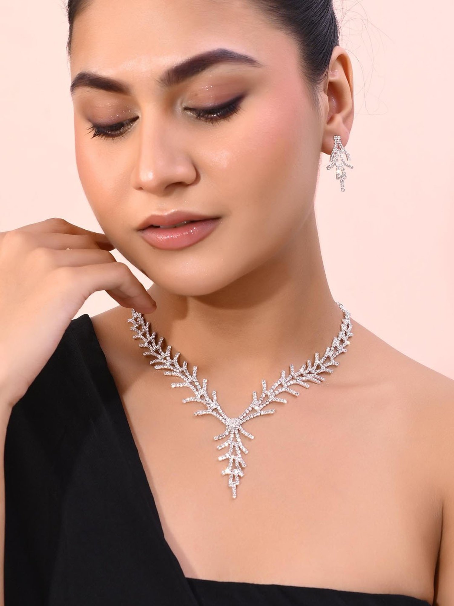 VOJ Ad Stone Studded Silver Plated Designer Jewellery Set for Women