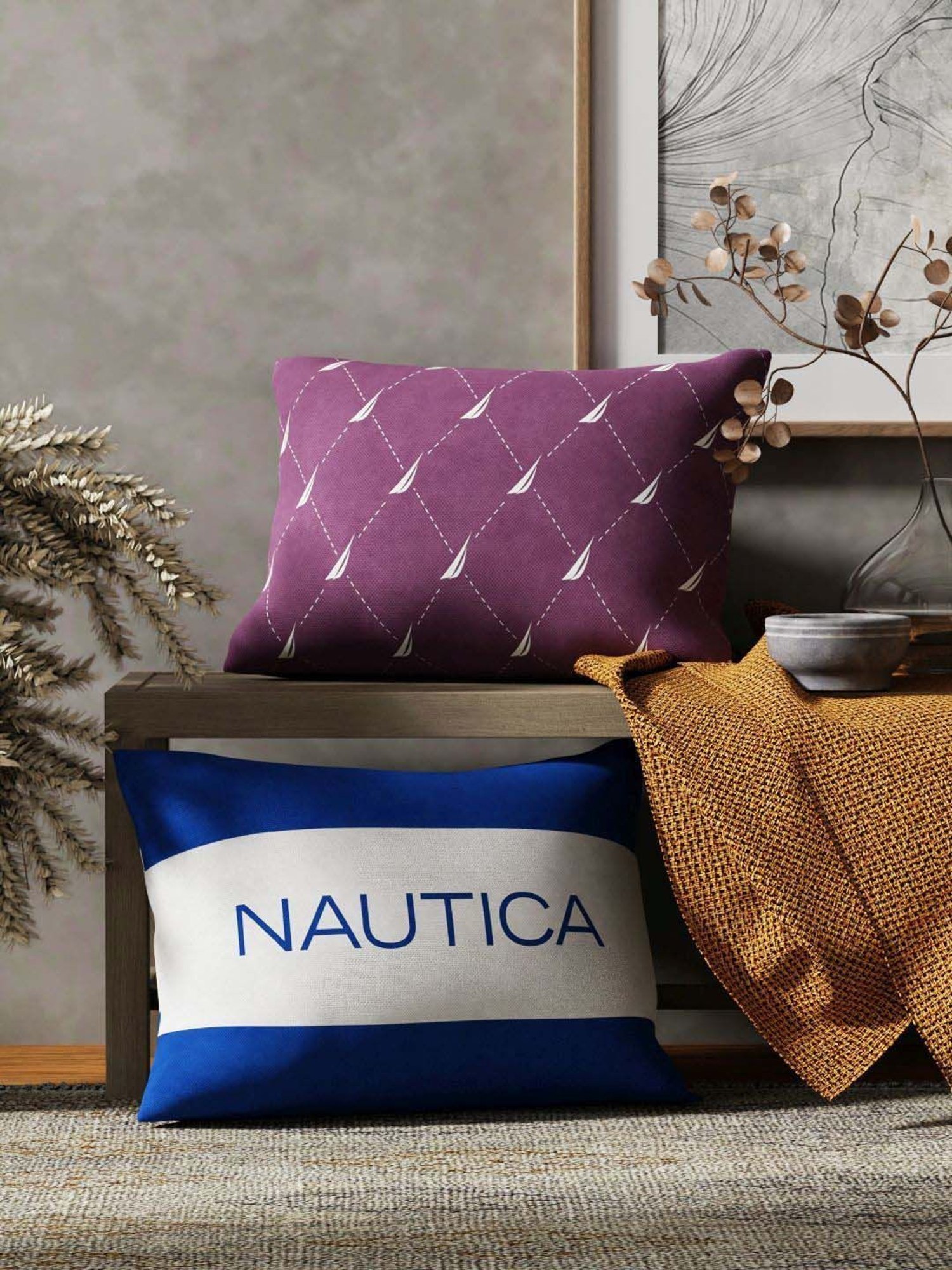 Nautica Logo Stripe Grape & Blue Microfibre 300 GSM Premium Cushion Covers - Set of 2