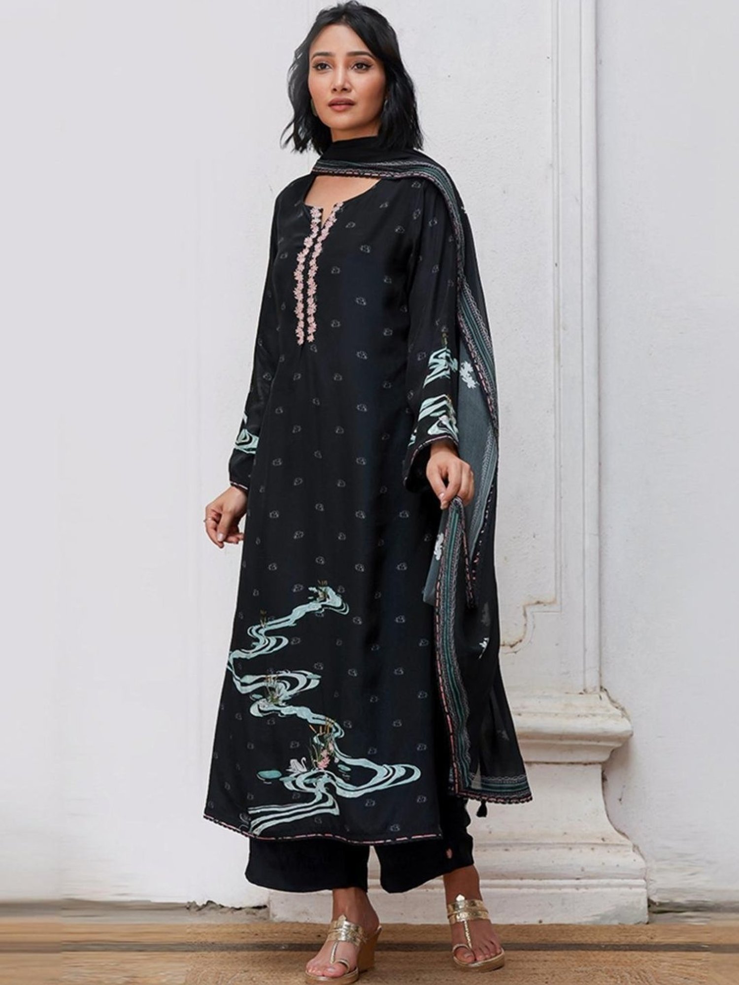 Ganga Fashions Black Bemberg Silk Salwar Suit With Chinon Silk Dupatta