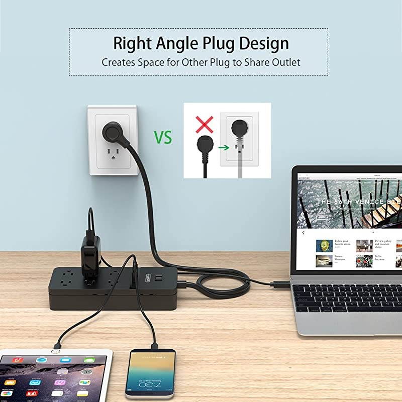 Flat Plug Power Strip with USB  Mountable Surge Protector Flat Plug 6 Outlets 2 USB Desktop Charging Station 5ft Heavy Duty Extension Cord 15A Circuit Breaker for Home and Office Black