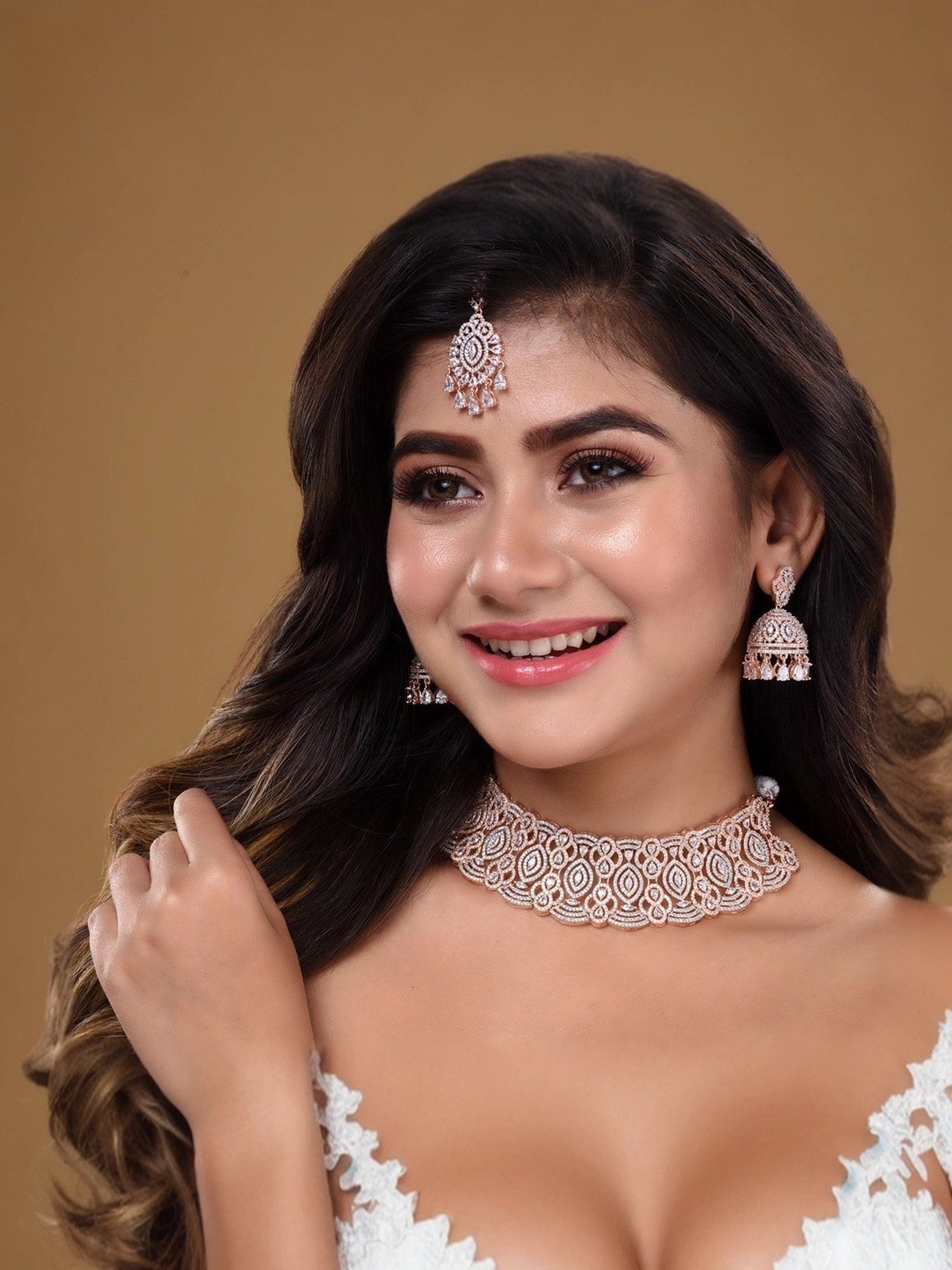 Saraf RS Jewellery Rose Gold Plated White AD Studded Heavy Choker Jewellery Set