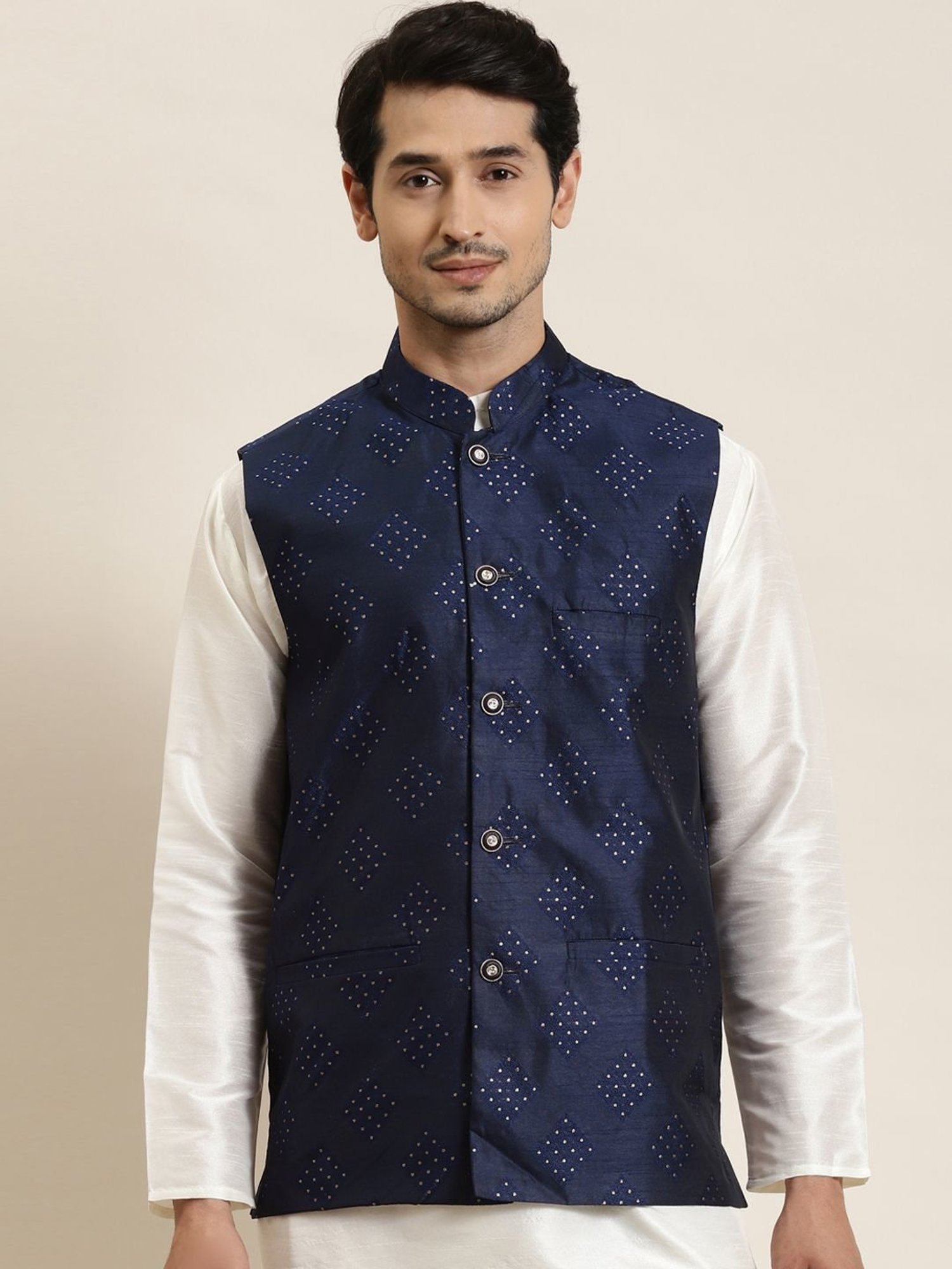 Sojanya Navy Regular Fit Self Pattern Nehru Jacket