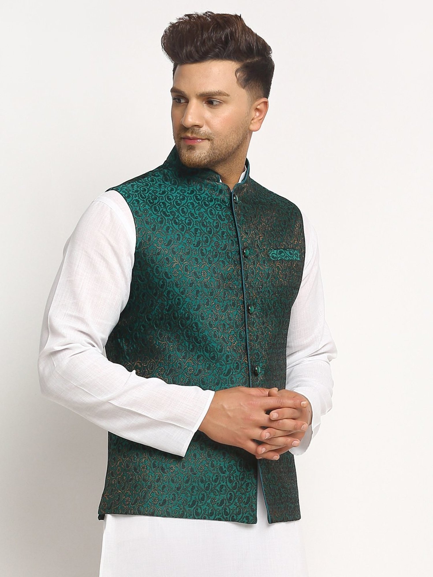 Treemoda Bottle Green Regular Fit Self Pattern Nehru Jacket
