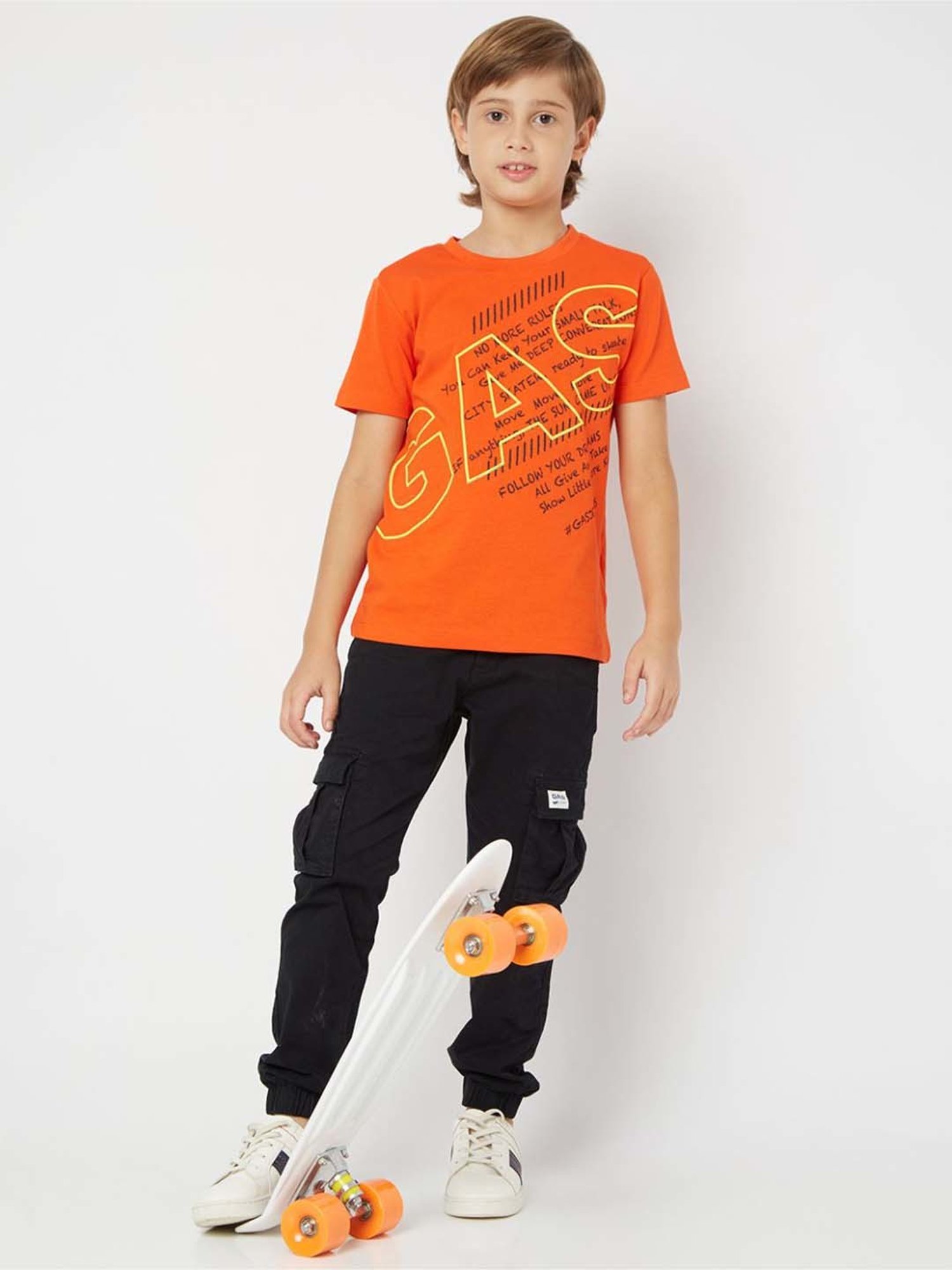 Gas Kids Orange Cotton Printed T-Shirt