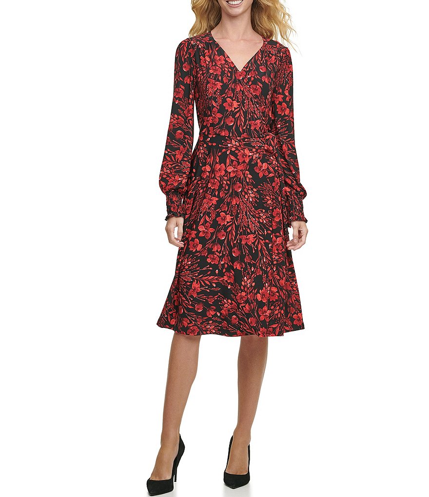 Tommy Hilfiger V-Neck Long Sleeve Floral Jersey Fit & Flare Dress