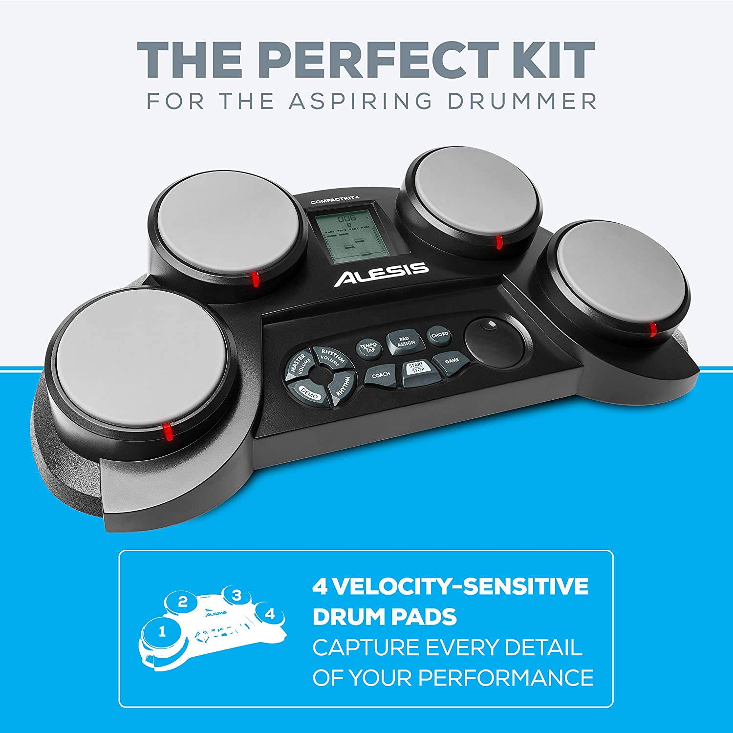 Alesis Compact Kit 4 | Portable 4-Pad Tabletop Electronic Drum Kit with Velocity-Sensitive Drum Pads, 70 Drum Sounds, Coaching Feature, Game Functions, Battery- or AC-Power and Drum Sticks Included