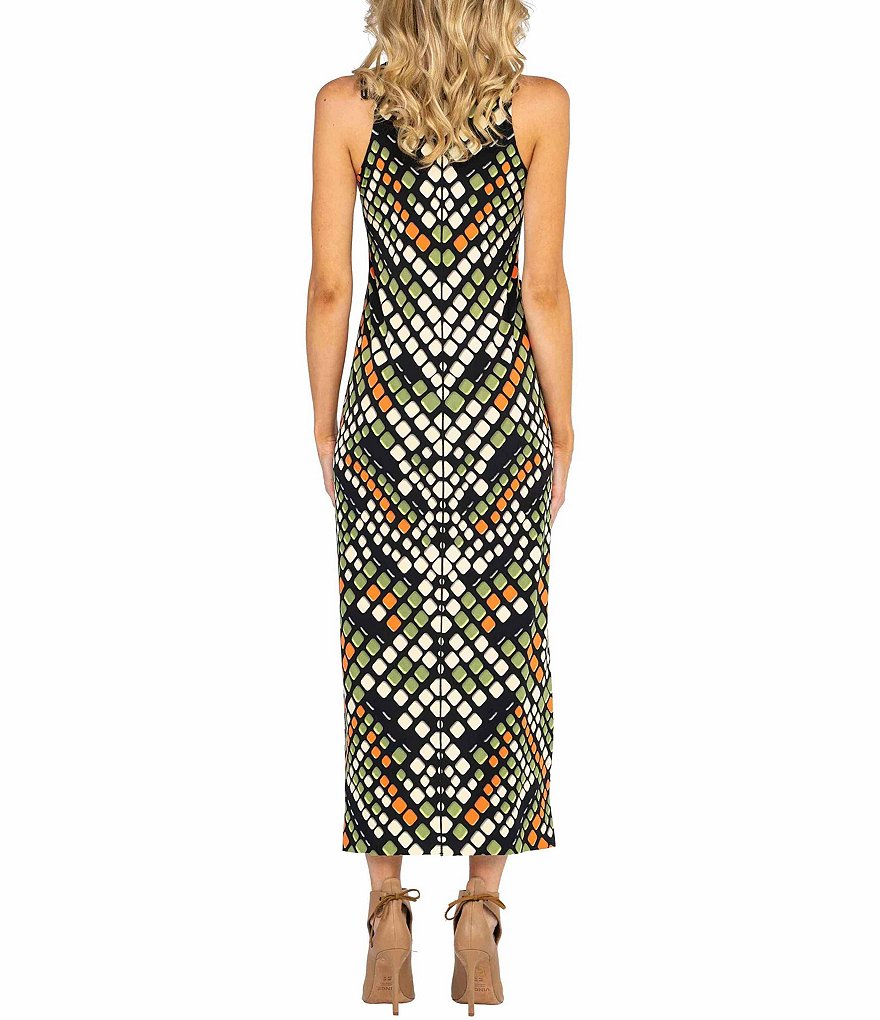 Eva Varro Geo Dot Tile Print Knit Round Neck Sleeveless Hi-Low Side Slit Midi Tank Dress