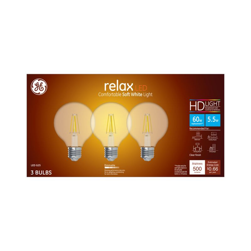 General Electric 3pk 60W Ca Relax LED Light Bulb SW G25 Globe Clear