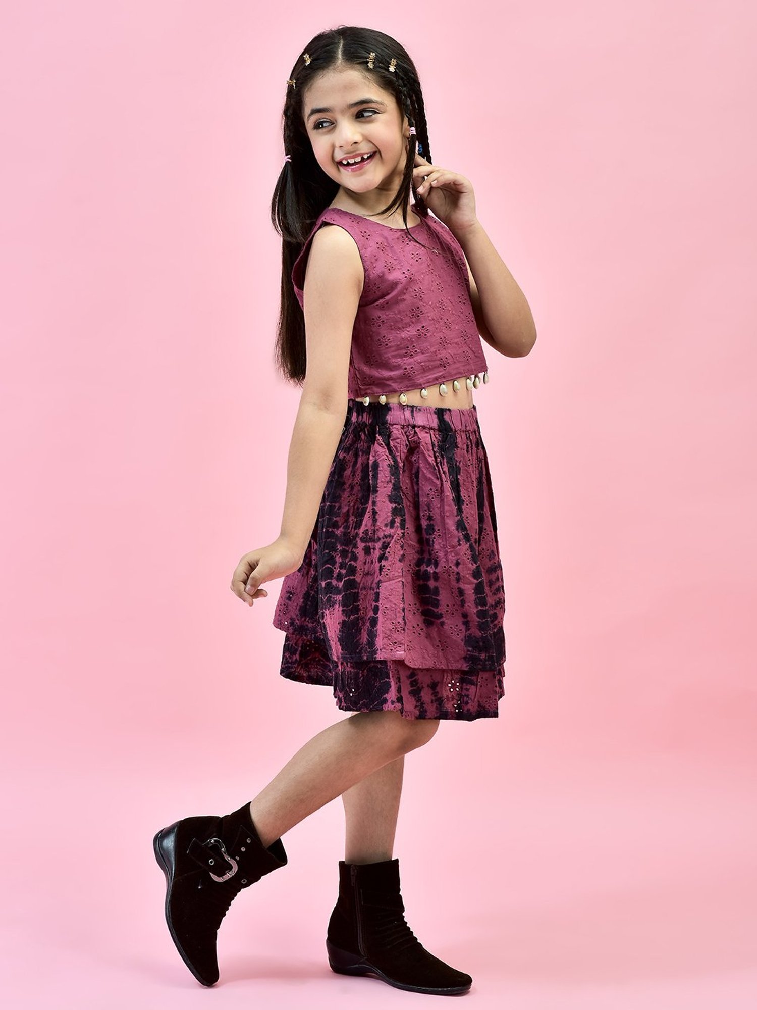 Juniper Girls Purple Self Design Crop Top With Skirt