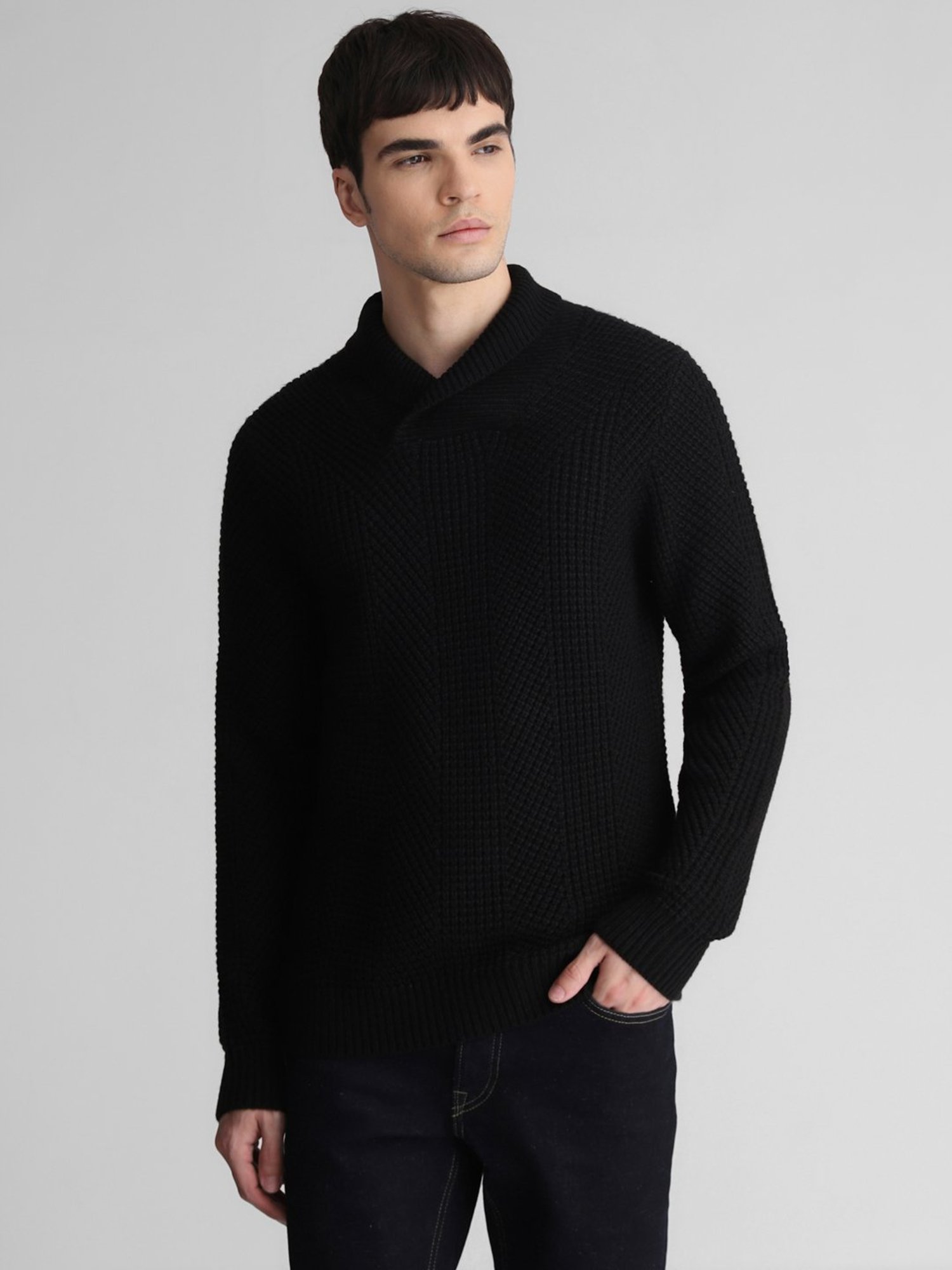 Jack & Jones Black Slim Fit Shawl Collar Sweater