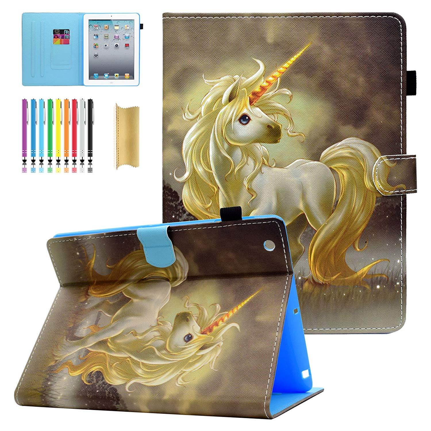 iPad 2/3/4 Case, Casii Colorful Premium Leather Case Folding Multiple Viewing Stand Folio Wallet Cover with Auto Sleep/Wake Feature for Apple 9.7-Inch iPad 2nd 3rd 4th Generation - Golden Unicorn