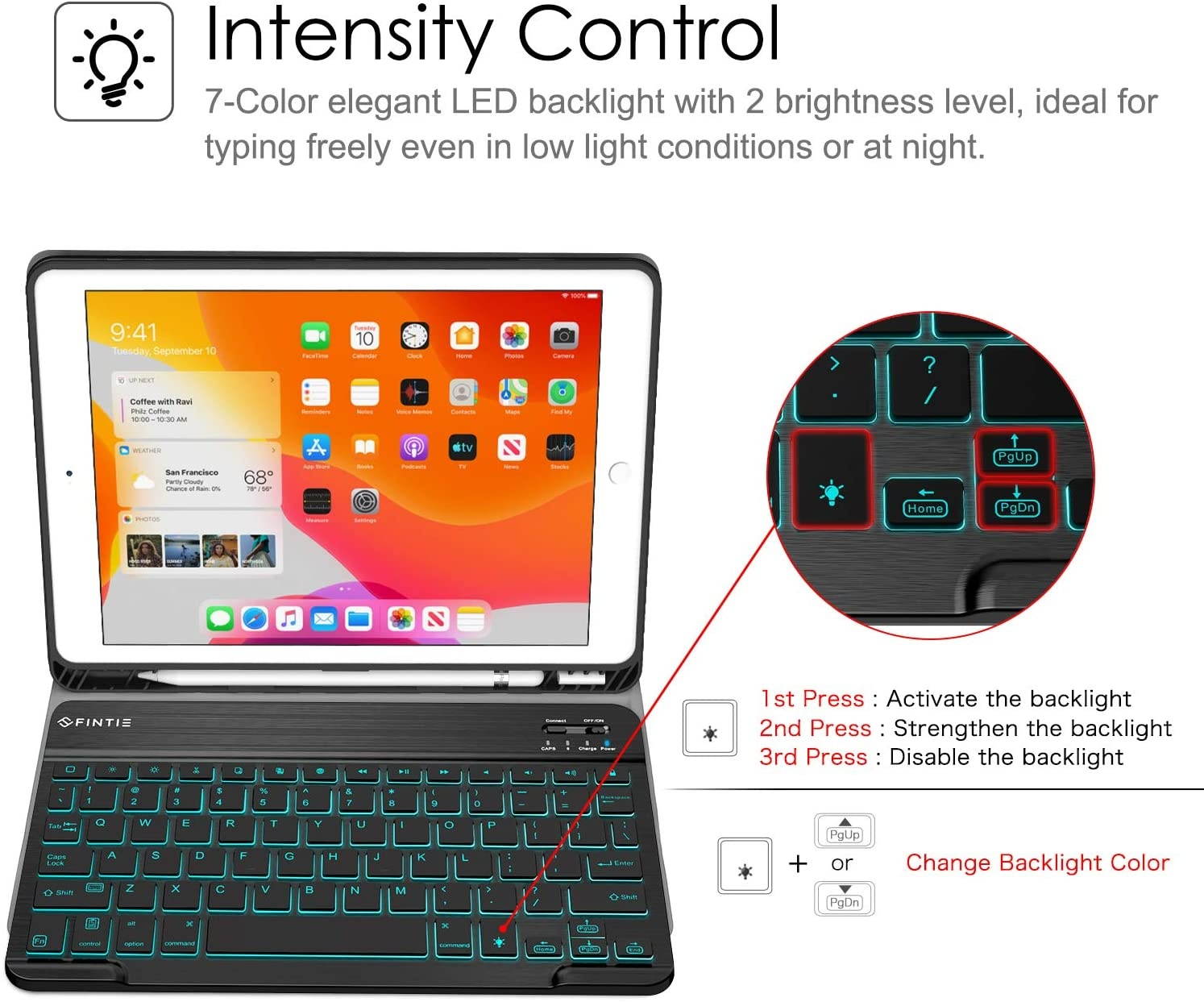 Fintie Keyboard Case for New iPad 8th Gen (2020) / 7th Gen (2019) 10.2 Inch Soft TPU Back Cover w/Magnetically Detachable Wireless Bluetooth Keyboard 7 Color Backlight Composition Book Black