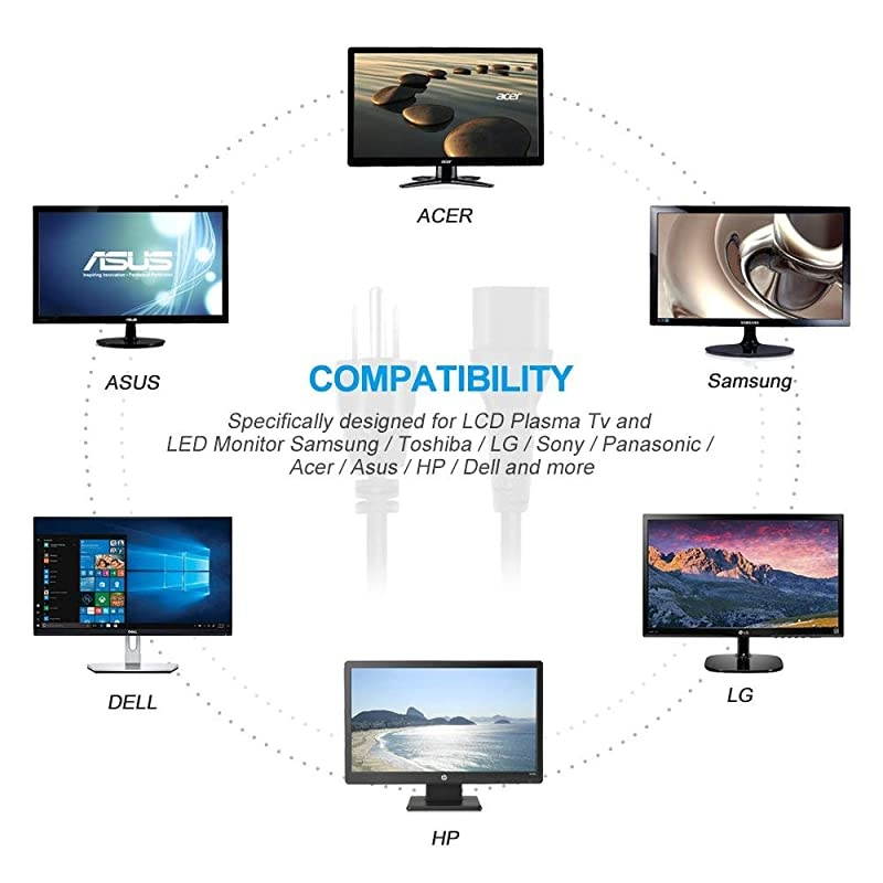 UL Listed 18 AWG AC Cable 3 Prong Plug Universal LCD Plasma Tv LED Monitor Power Cord for Samsung Toshiba LG Sony Panasonic Acer Asus HP Dell NEMA 515P to IEC320C13